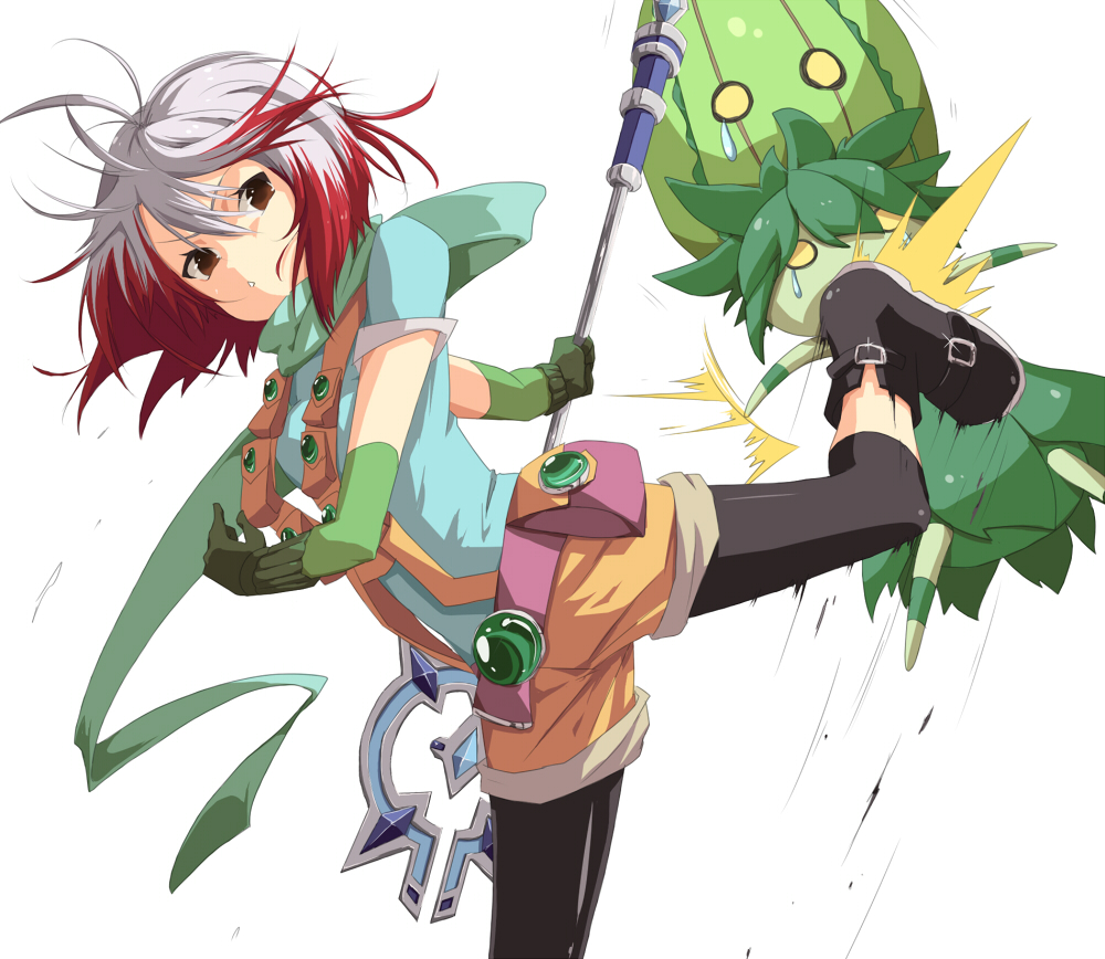 tenguu rio, pascal (tales), tales of (series), tales of graces, 1girl, black leggings, blue shirt, female focus, kicking, leggings, multicolored hair, red hair, scarf, shirt, solo, staff, two-tone hair, white hair