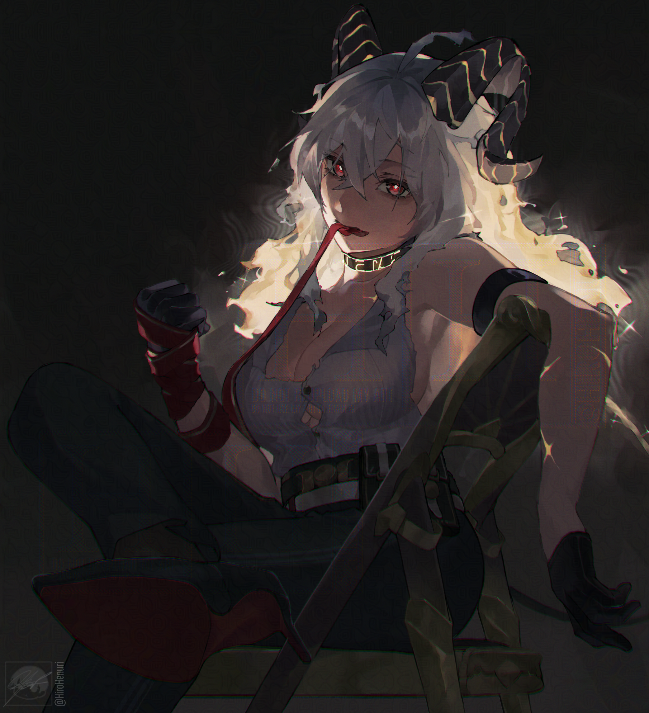 zani (wuthering waves), wuthering waves, absurdres, commentary, english commentary, highres, 1girl, arm strap, bare shoulders, black gloves, black horns, black pants, black shoes, breasts, clenched hand, curled horns, figure four sitting, gloves, hair between eyes, high-waist pants, hiro henuri, horns, large breasts, long hair, looking at viewer, mouth hold, necktie, pants, red eyes, red necktie, shirt, shirt tucked in, shoes, sitting, solo, torn clothes, torn shirt, white shirt