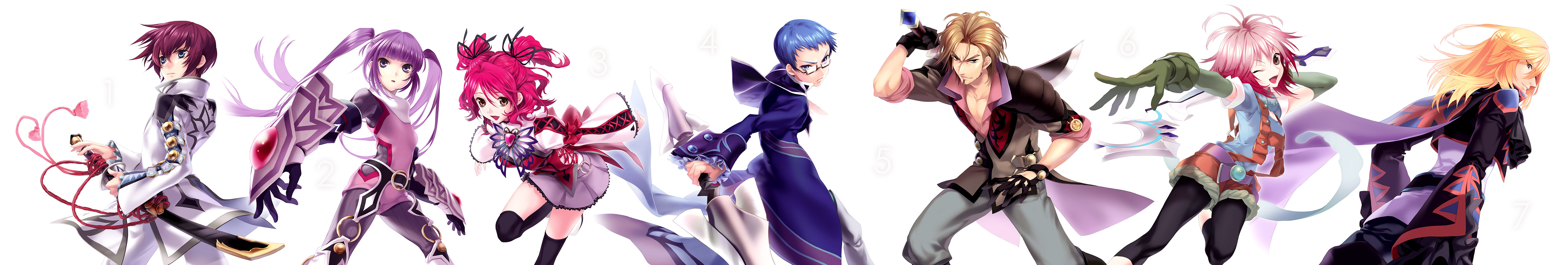 akiyoshi haru, asbel lhant, cheria barnes, hubert ozwell, malik caesars, pascal (tales), richard (tales), sophie (tales), tales of (series), tales of graces, absurdres, highres, long image, wide image, 3girls, 4boys, blue eyes, blue hair, blue shirt, brothers, brown eyes, brown hair, fighting stance, gauntlets, glasses, gradient hair, long hair, multicolored hair, multiple boys, multiple girls, purple eyes, purple hair, ready to draw, red hair, ribbon, scarf, shirt, siblings, staff, sword, twintails, two side up, weapon, white hair