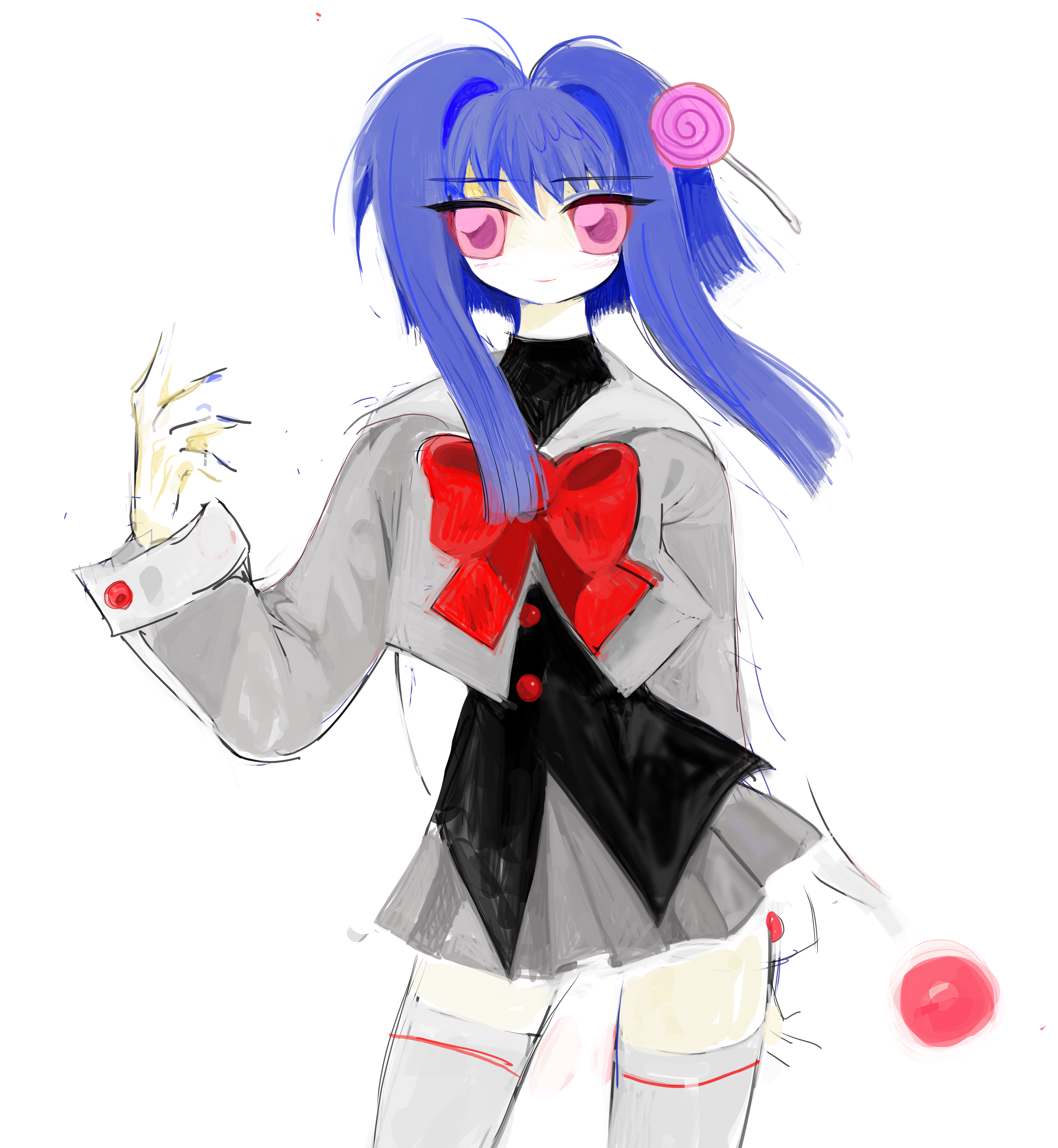 yogurt200, absurdres, highres, 1girl, arm up, black shirt, blue hair, bow, bowtie, candy bow-dot, colored sclera, grey jacket, grey skirt, grey thighhighs, jacket, light blush, light smile, lollipop hair ornament, long sleeves, looking at viewer, painterly, pink eyes, precious theatre, red bow, red bowtie, red button, red sclera, school uniform, shirt, short hair with long locks, sketch, skirt, sleeve cuffs, thighhighs, white background, zettai ryouiki