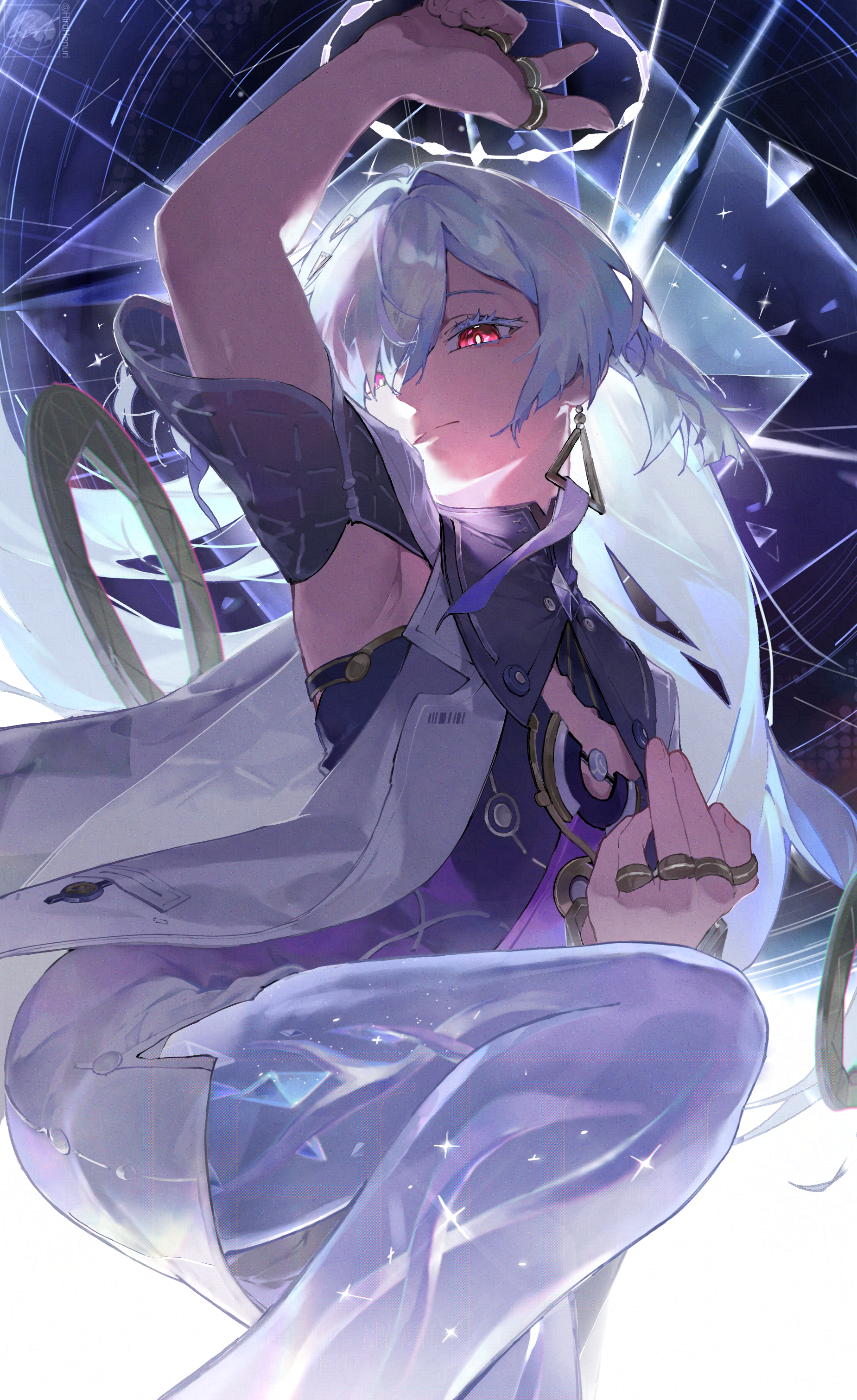 mornye (wuthering waves), wuthering waves, absurdres, commentary, english commentary, highres, 1girl, arm up, closed mouth, colored eyelashes, dress, earrings, grey hair, halo, hiro henuri, jacket, jewelry, long hair, purple dress, red eyes, see-through body, solo, triangle earrings, white jacket