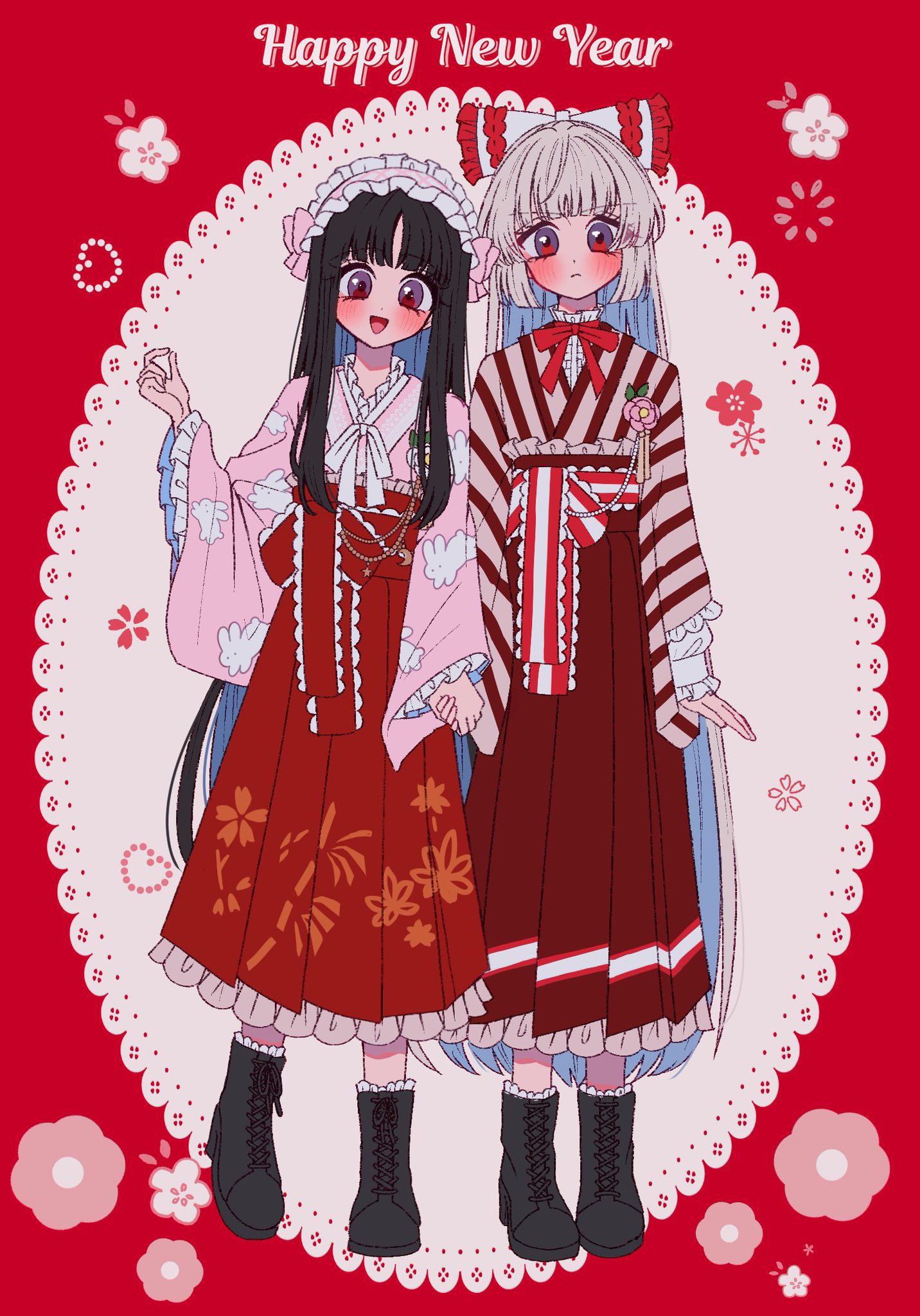 tamiko (tamik0224), fujiwara no mokou, houraisan kaguya, touhou, commentary request, highres, 2girls, alternate costume, animal print, bamboo print, black boots, black hair, blue hair, blush, boots, bow, bowtie, brown hakama, brown kimono, colored inner hair, frilled hairband, frilled hakama, frilled sleeves, frills, grey hair, hair bow, hairband, hakama, hakama skirt, happy new year, holding hands, japanese clothes, kimono, lace-up boots, long hair, long sleeves, multicolored hair, multiple girls, new year, open mouth, pink hairband, pink kimono, print hakama, print kimono, rabbit print, red bow, red bowtie, red eyes, red hakama, skirt, smile, very long hair, white bow, white bowtie, wide sleeves