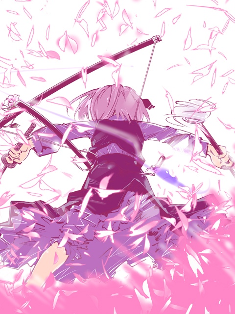 kuruwa (artist), teoshiguruma, konpaku youmu, touhou, silver hair, 1girl, back, cherry blossoms, dual wielding, female focus, flower, from behind, holding, katana, petals, short hair, solo, sword, tanto, weapon