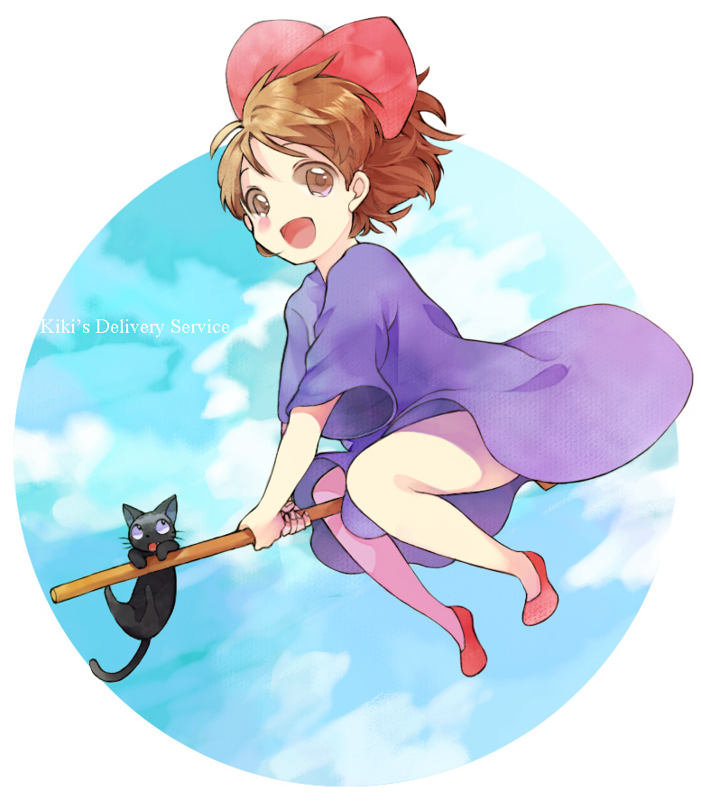 makino (sinobusan), jiji (majo no takkyuubin), kiki (majo no takkyuubin), majo no takkyuubin, studio ghibli, 1980s (style), bad id, bad pixiv id, 1girl, black cat, broom, broom riding, brown eyes, brown hair, cat, child, female focus, hair ribbon, happy, looking at viewer, oldschool, open mouth, retro artstyle, ribbon, solo