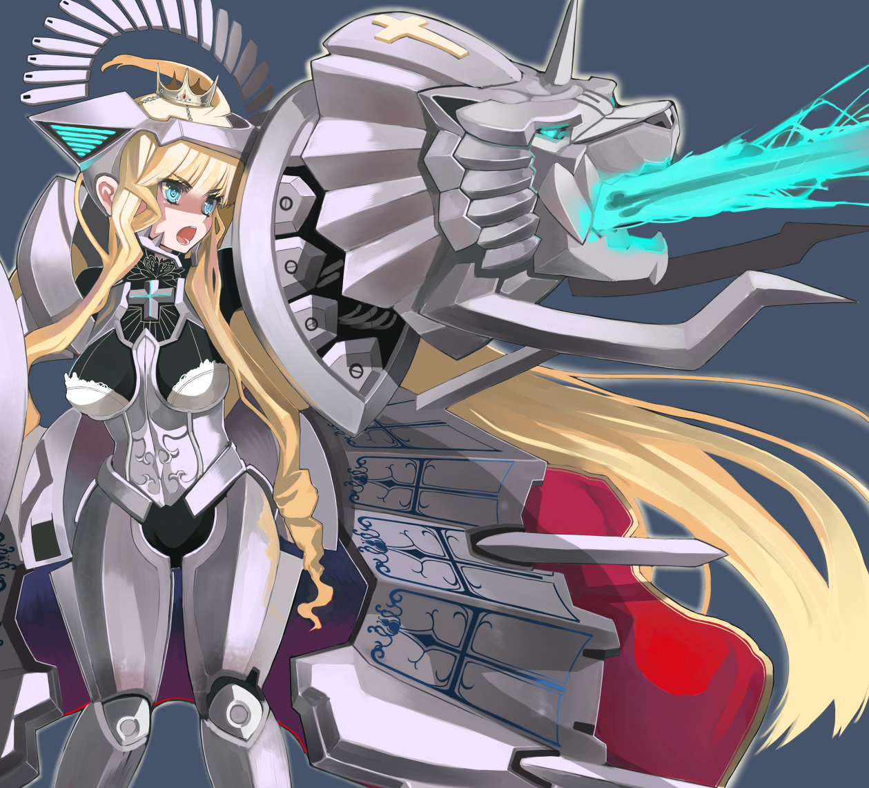 izuru (timbermetal), original, bad id, bad pixiv id, 1girl, armor, blonde hair, blue eyes, female focus, huge weapon, long hair, mechabare, solo, very long hair, weapon