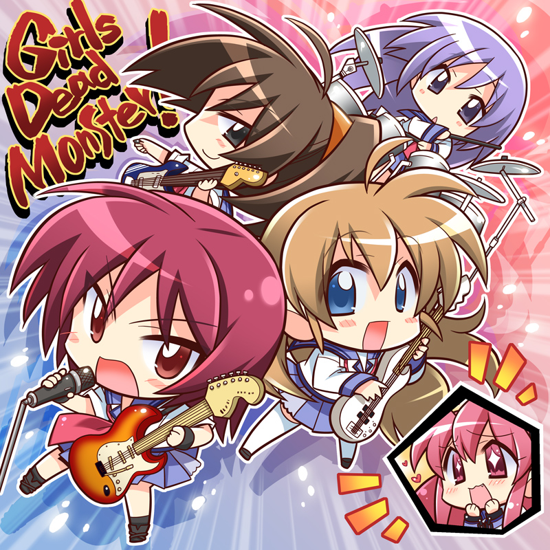 komowata haruka, hisako (angel beats!), irie miyuki, iwasawa masami, sekine shiori, yui (angel beats!), angel beats!, + +, 10s, 5girls, bass guitar, chibi, drum, drumsticks, guitar, instrument, microphone, multiple girls, school uniform, serafuku, sleeves rolled up