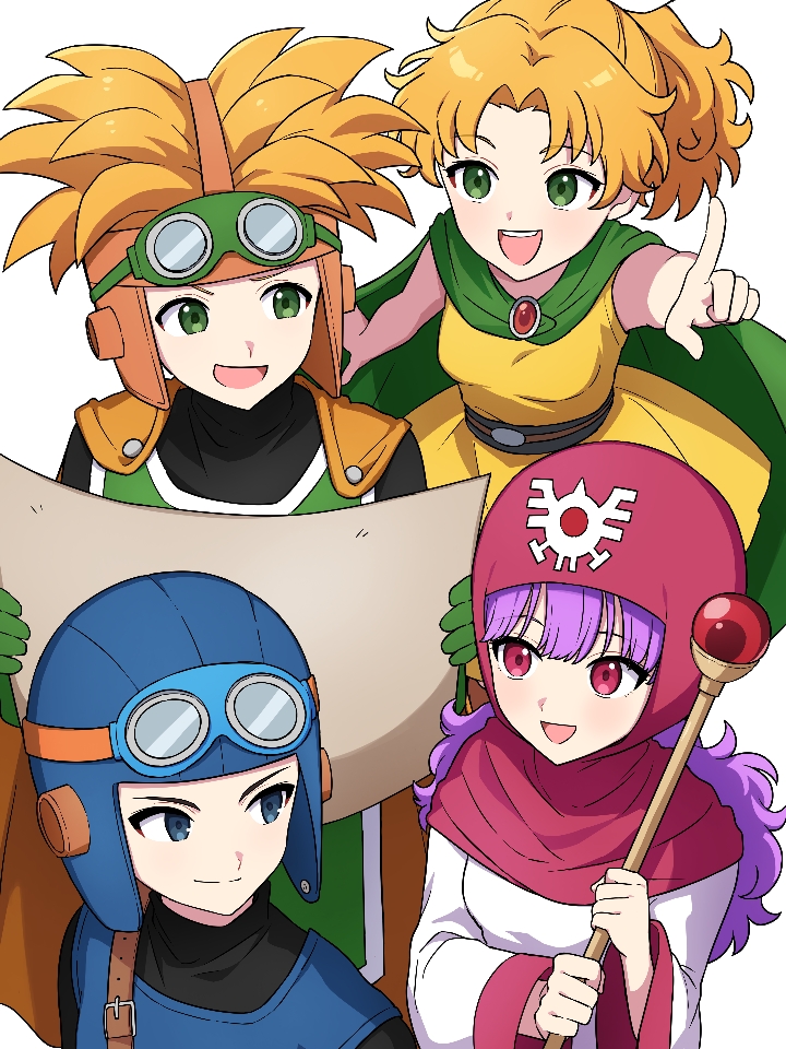 miz (mizillustration), prince of lorasia, prince of samantoria, princess of moonbrook, princess of samantoria, dragon quest, dragon quest ii, commentary request, 2boys, 2girls, :d, black shirt, blonde hair, blue eyes, blue helmet, breasts, cape, closed mouth, dress, gloves, goggles, goggles on headwear, green cape, green eyes, green gloves, helmet, holding, holding map, long hair, long sleeves, map, medium breasts, multiple boys, multiple girls, open mouth, outstretched arm, parted bangs, pointing, purple hair, red eyes, shirt, short hair, simple background, sleeveless, sleeveless dress, smile, upper body, white background, white dress, yellow dress