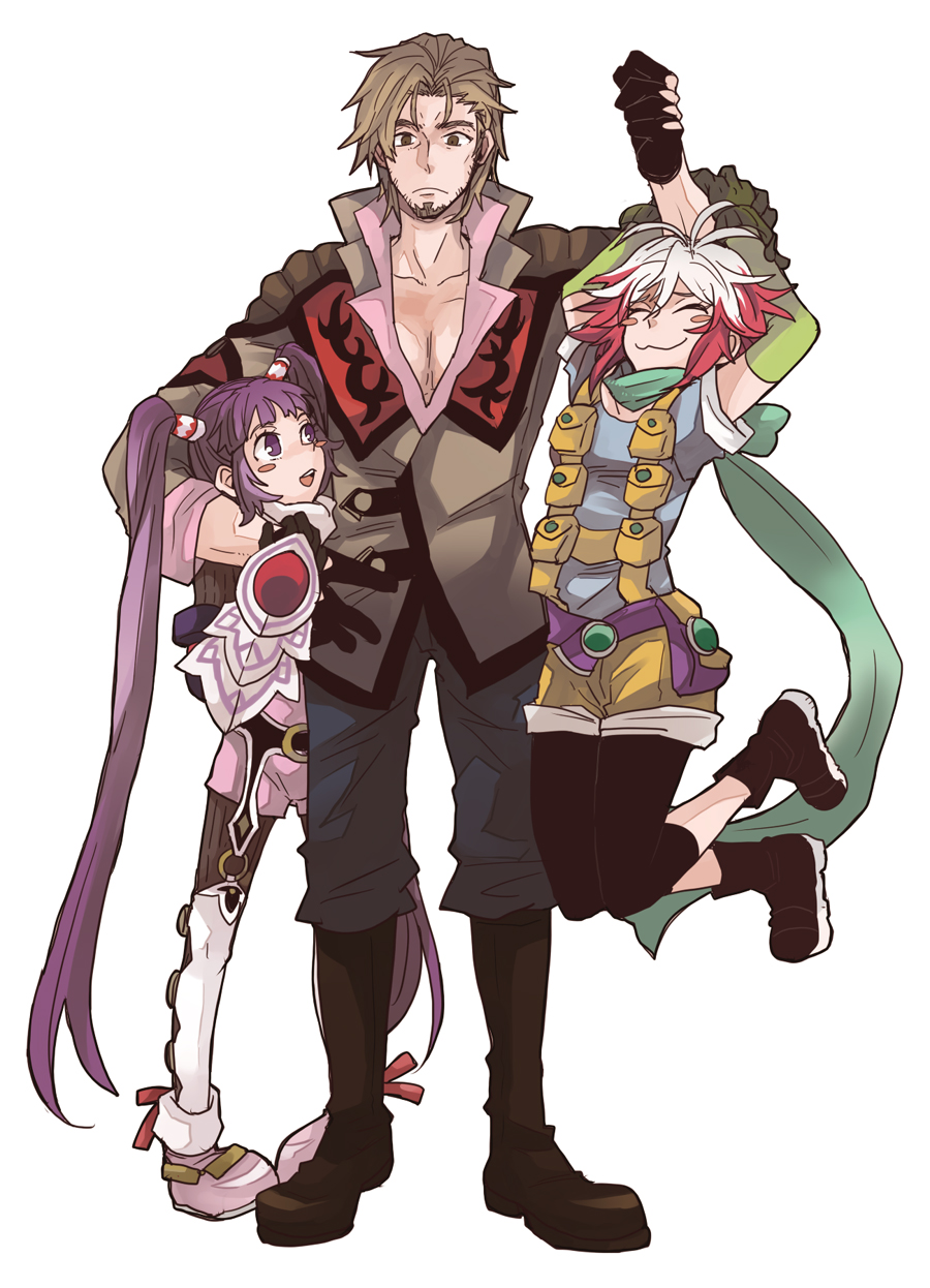 sudachips, malik caesars, pascal (tales), sophie (tales), tales of (series), tales of graces, bad id, bad pixiv id, highres, 1boy, 2girls, blue shirt, blush stickers, boots, brown eyes, brown hair, gauntlets, knee boots, long hair, multicolored hair, multiple girls, o-ring, purple eyes, purple hair, red hair, scarf, shirt, twintails, two-tone hair, white hair