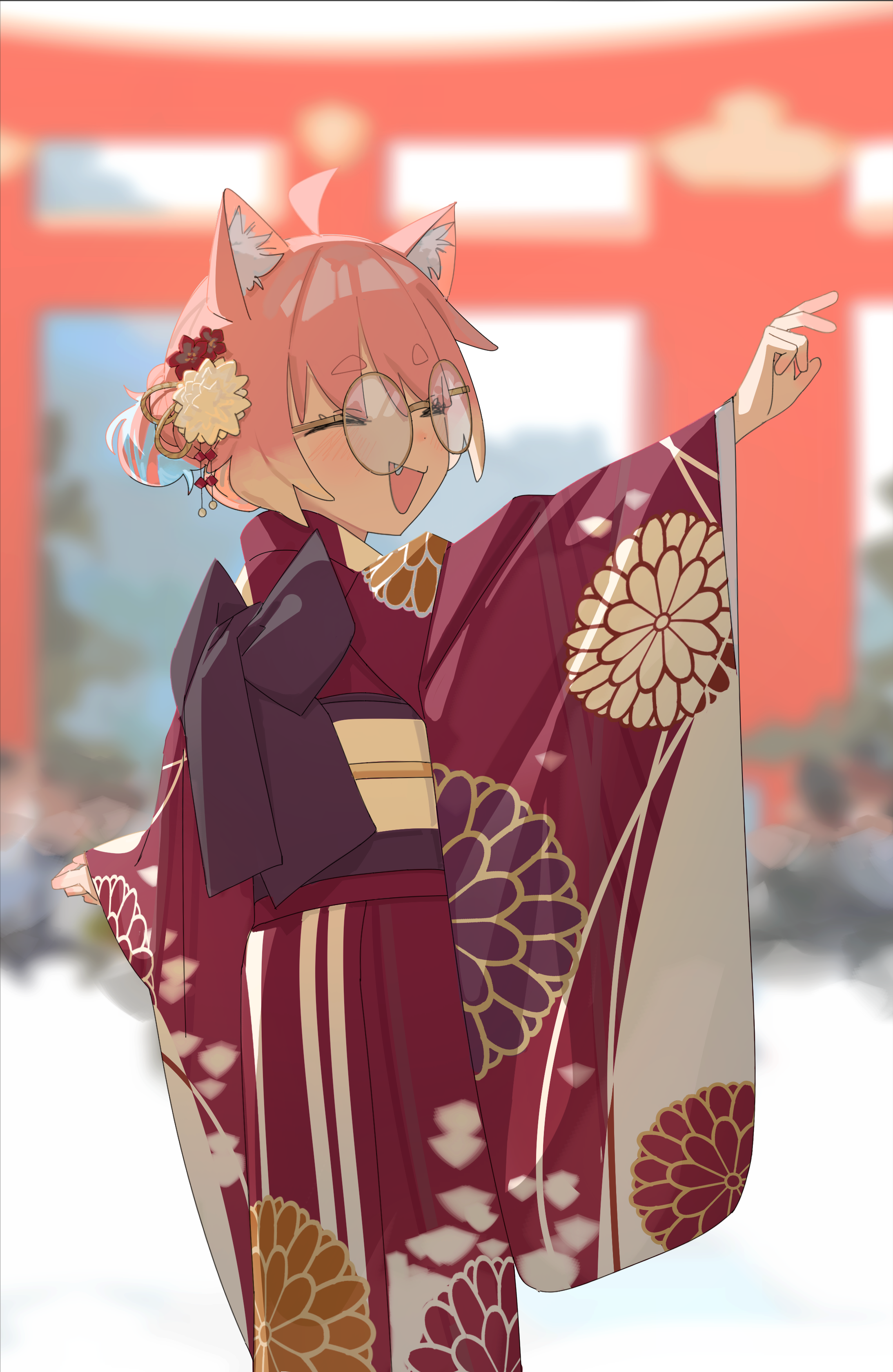 ri-el, original, absurdres, commentary request, highres, 1girl, ahoge, animal ears, blush, cat ears, closed eyes, fang, glasses, hair ornament, hatsumoude, japanese clothes, kanzashi, kimono, new year, open mouth, pink hair, round eyewear, smile, solo, torii