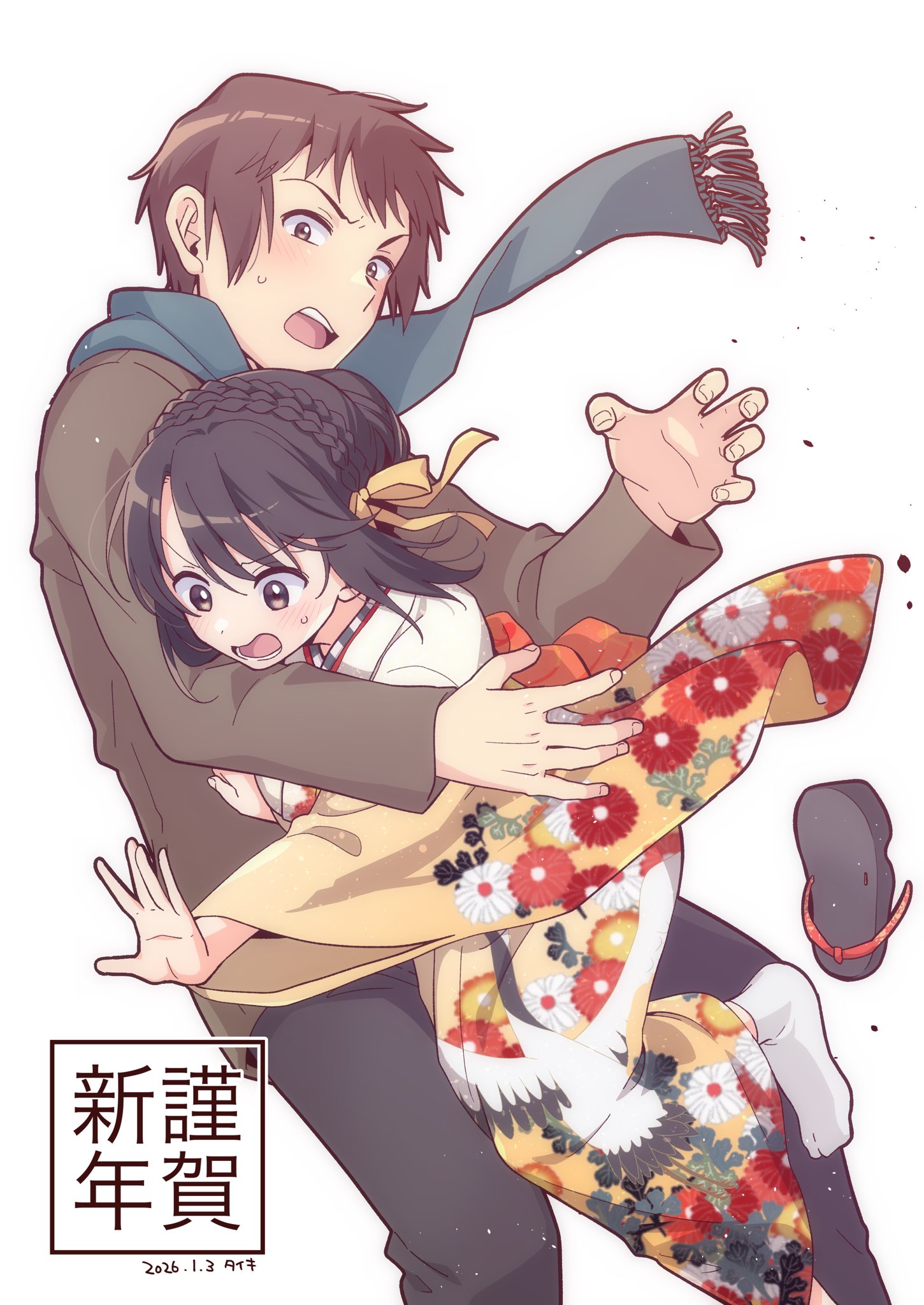 taiki (6240taiki), kyon, suzumiya haruhi, suzumiya haruhi no yuuutsu, commentary request, highres, 1boy, 1girl, alternate costume, black sandals, brown eyes, brown hair, brown jacket, casual, floral print, floral print kimono, hair ribbon, hairband, hug, jacket, japanese clothes, kimono, medium hair, open mouth, print kimono, ribbon, sandals, simple background, socks, tongue, unworn sandals, white background, white socks, yellow hairband, yellow ribbon