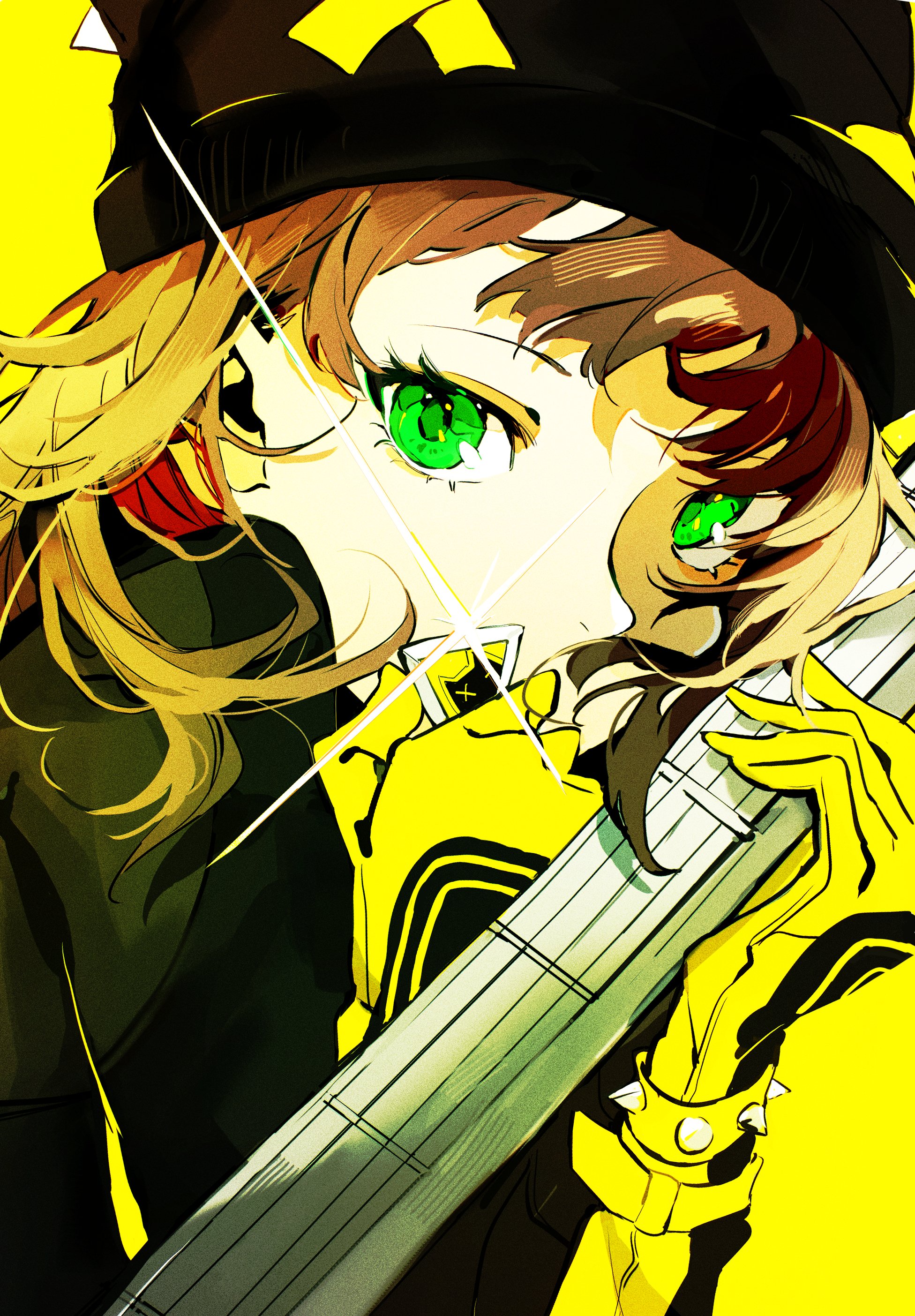 mina (mina st4r), chord (p5x), sakai ayaka, persona, persona 5, persona 5: the phantom x, absurdres, commentary, highres, 1girl, beanie, black bodysuit, black hat, bodysuit, bracelet, brown hair, close-up, covered mouth, glint, gloves, green eyes, guitar, hat, holding, holding guitar, holding instrument, holding plectrum, instrument, jewelry, looking at viewer, medium hair, plectrum, portrait, simple background, solo, spiked bracelet, spikes, swept bangs, yellow background, yellow gloves