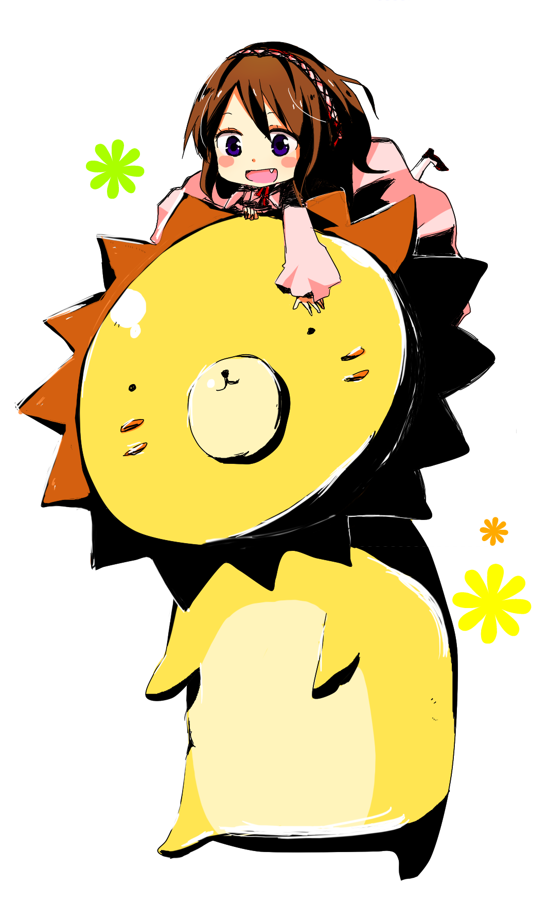 takayo, sakutarou (umineko), ushiromiya maria, umineko no naku koro ni, bad id, bad pixiv id, highres, 00s, blush stickers, brown hair, child, dress, fang, lion, purple eyes, short hair, solo