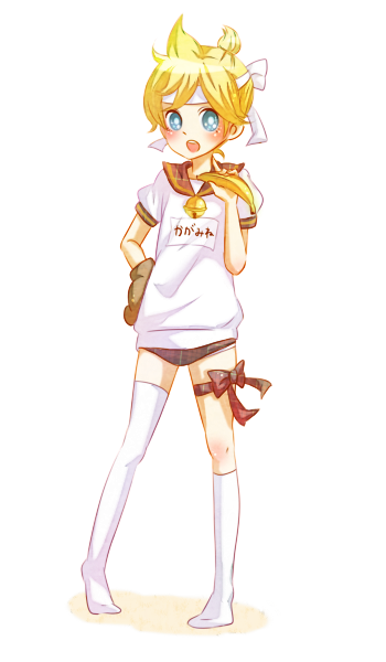 poco24, pooca24, kagamine len, vocaloid, bad id, bad pixiv id, 1boy, banana, blonde hair, blue eyes, buruma, food, fruit, gym uniform, male focus, short hair, solo, thighhighs
