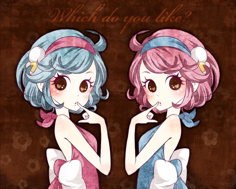 poco24, pooca24, bad id, bad pixiv id, 2girls, bare shoulders, blue hair, brown eyes, headband, multiple girls, pink hair, short hair