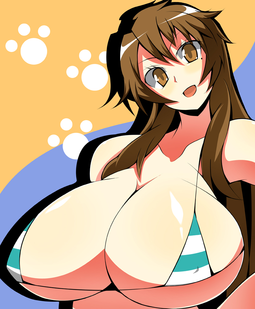 toudori, sumiyoshi kanako, nyan koi!, 00s, 1girl, alternate breast size (larger), bikini, breasts, brown eyes, brown hair, female focus, huge breasts, long hair, looking at viewer, micro bikini, solo, string bikini, swimsuit