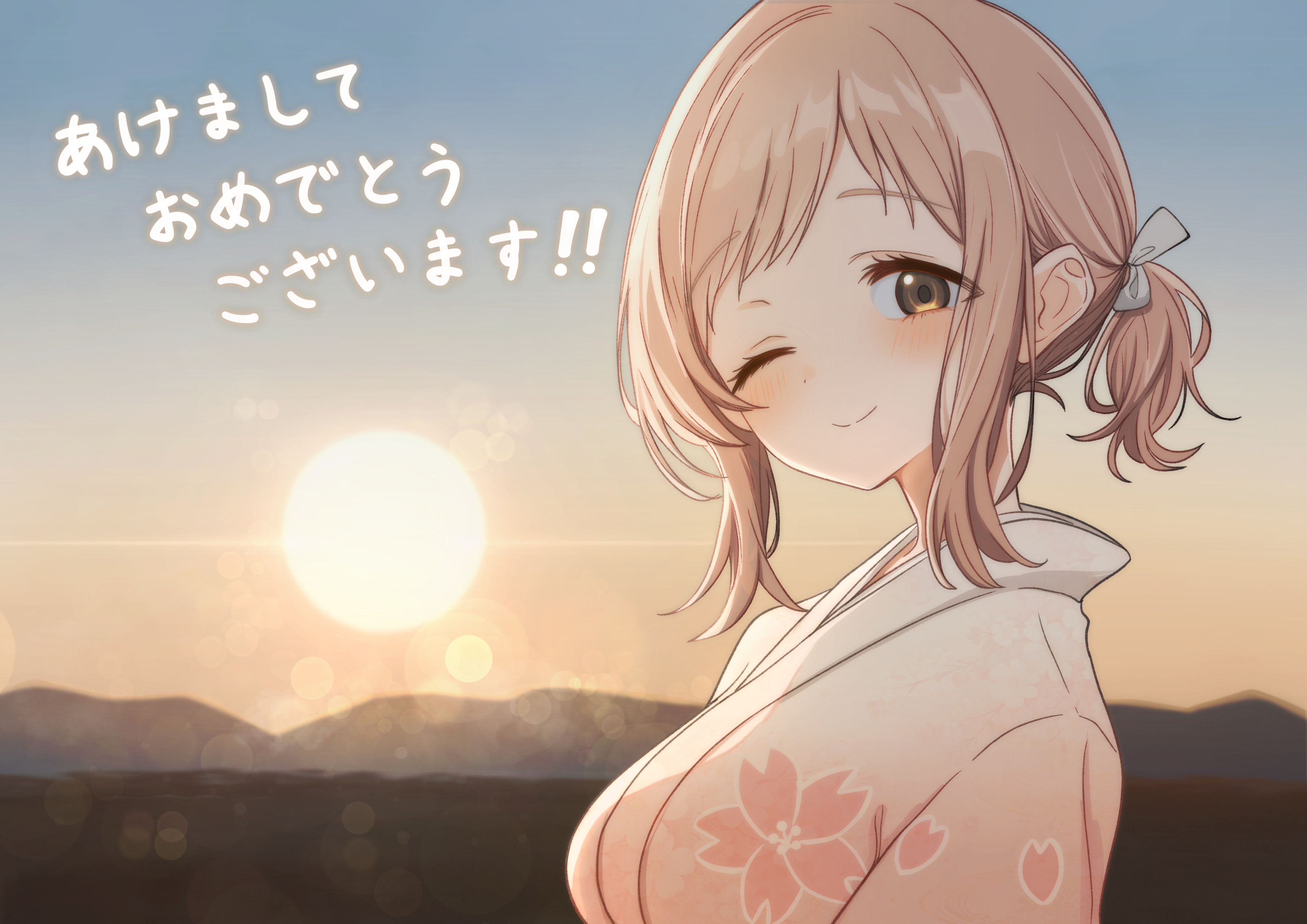 ponpokotanutan1, sakuragi mano, idolmaster, idolmaster shiny colors, absurdres, commentary request, highres, translation request, 1girl, ;), akeome, blurry, blush, bokeh, brown hair, cherry blossom print, depth of field, floral print, happy new year, japanese clothes, kimono, looking at viewer, new year, one eye closed, ponytail, short ponytail, sidelocks, smile, solo, sun, upper body, white kimono