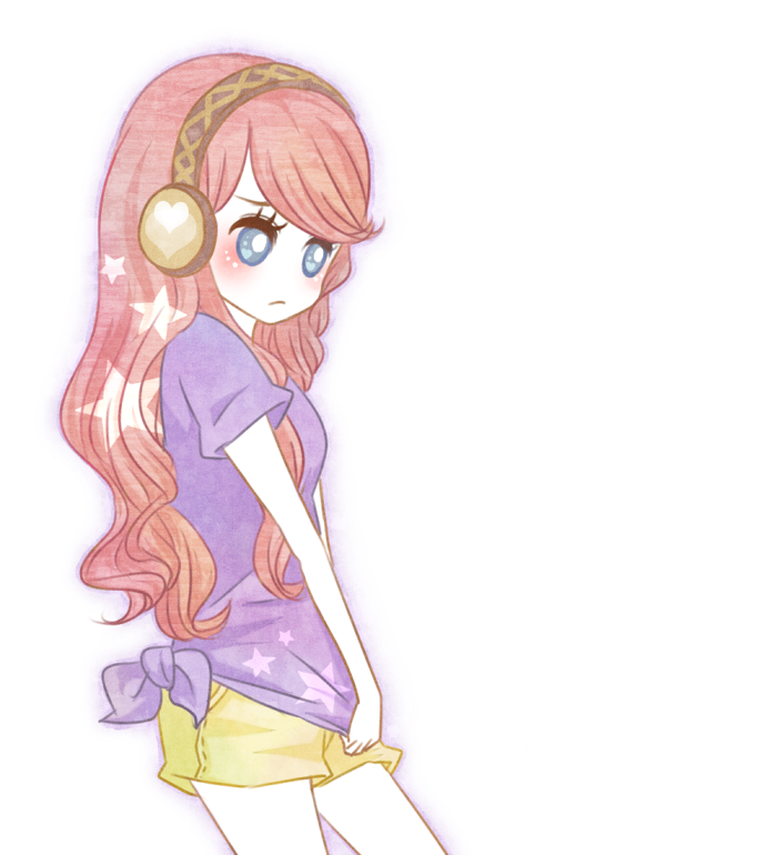 poco24, megurine luka, vocaloid, bad id, bad pixiv id, blue eyes, blush, casual, earphones, headset, pink hair, shorts, solo