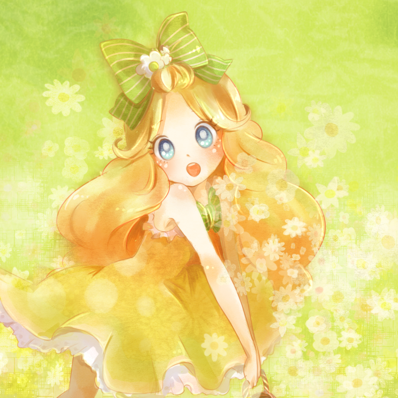 poco24, bad id, bad pixiv id, bare shoulders, blonde hair, blue eyes, bow, dress, hair bow, long hair, solo