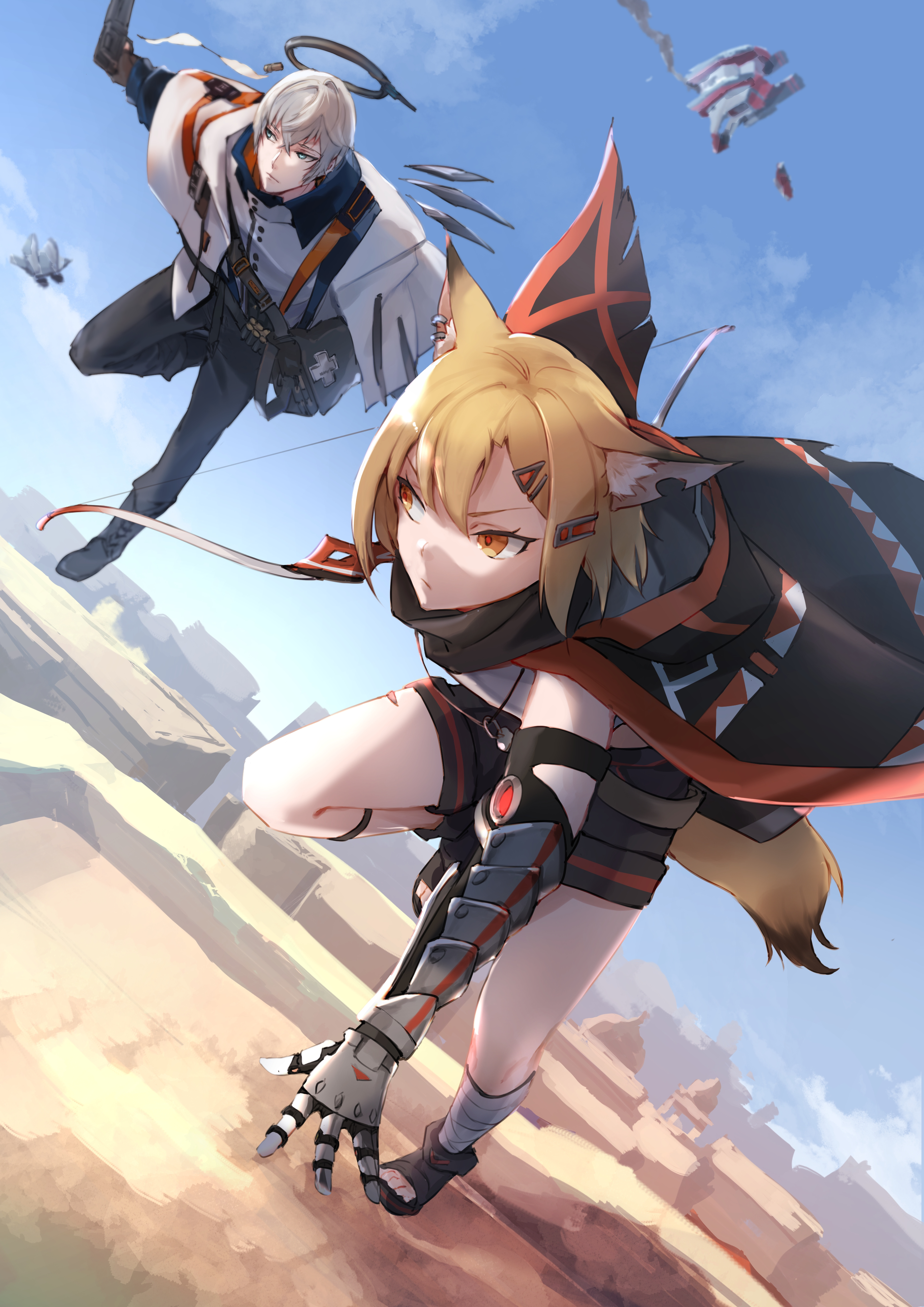 e-bushi, executor (arknights), vermeil (arknights), arknights, absurdres, commentary request, highres, 1boy, 1girl, angel boy, animal ear fluff, animal ears, arrow (projectile), bandaged leg, bandages, black cape, black gloves, black pants, black shoes, black shorts, blonde hair, blue eyes, blue sky, bow (weapon), cape, cloak, crossbow, day, desert, detached wings, drone, dutch angle, ear piercing, energy wings, fox ears, fox girl, fox tail, gloves, grey hair, hair ornament, hairclip, halo, holding, holding bow (weapon), holding weapon, material growth, mechanical arms, mechanical wings, notched ear, open-toe shoes, orange eyes, oripathy lesion (arknights), outdoors, pants, piercing, prosthesis, prosthetic arm, quiver, running, shirt, shoes, short hair, short shorts, shorts, single mechanical arm, sky, tail, weapon, wings