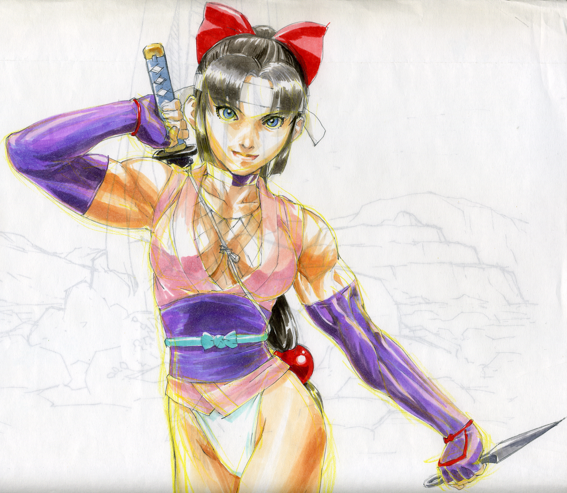 gorigo, shinobu (ninin ga shinobuden), ninin ga shinobuden, highres, traditional media, 00s, 1girl, black eyes, black hair, blue eyes, breasts, cleavage, female focus, fishnets, gradient background, japanese clothes, kunai, long hair, low-tied long hair, muscular, no pants, panties, realistic, sketch, solo, sword, underwear, weapon, white panties