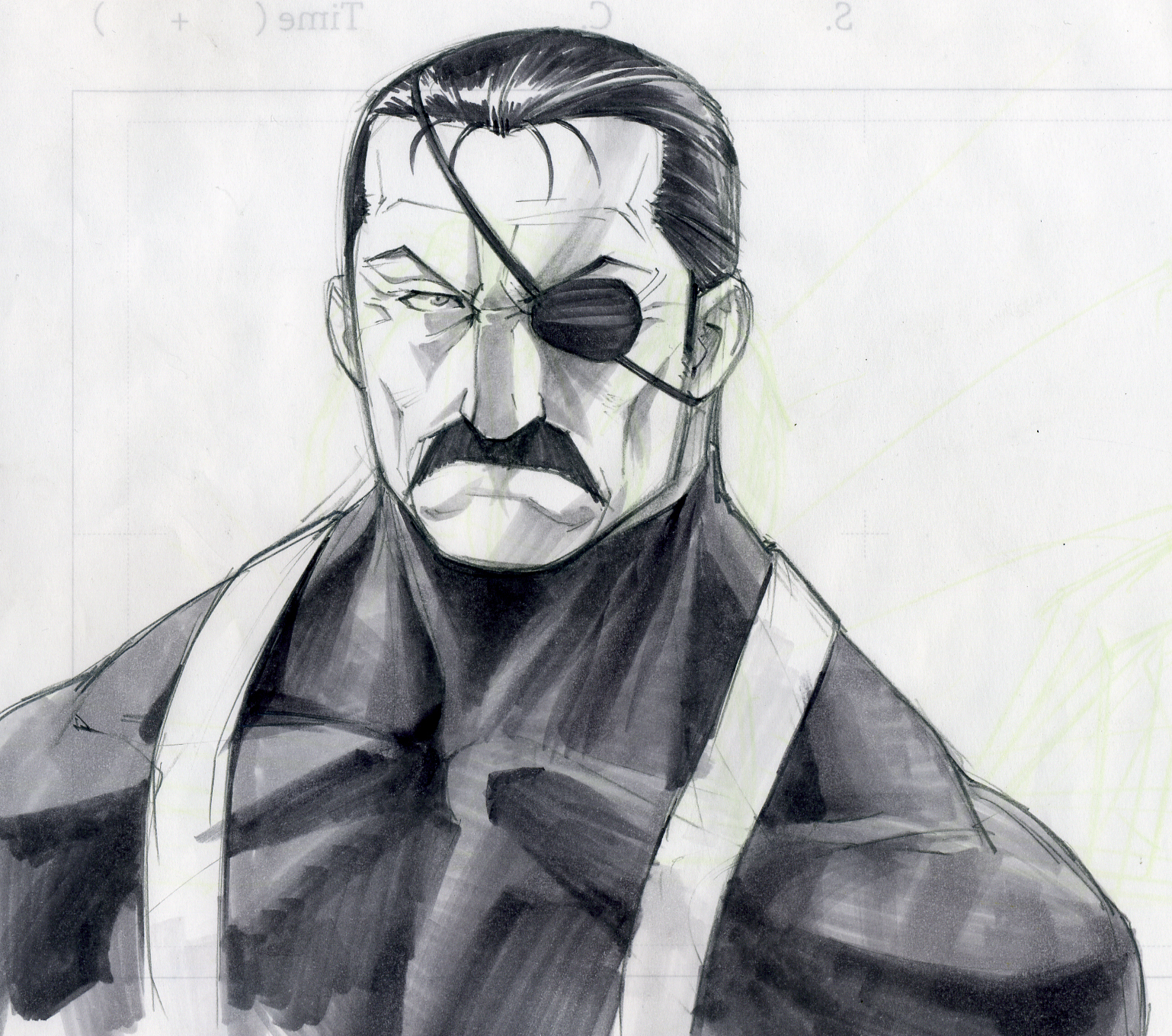 gorigo, king bradley, wrath (fma), fullmetal alchemist, homunculus, highres, spoilers, traditional media, 00s, 1boy, eyepatch, facial hair, glaring, greyscale, male focus, monochrome, muscular, mustache, sketch, skin tight, solo, suspenders