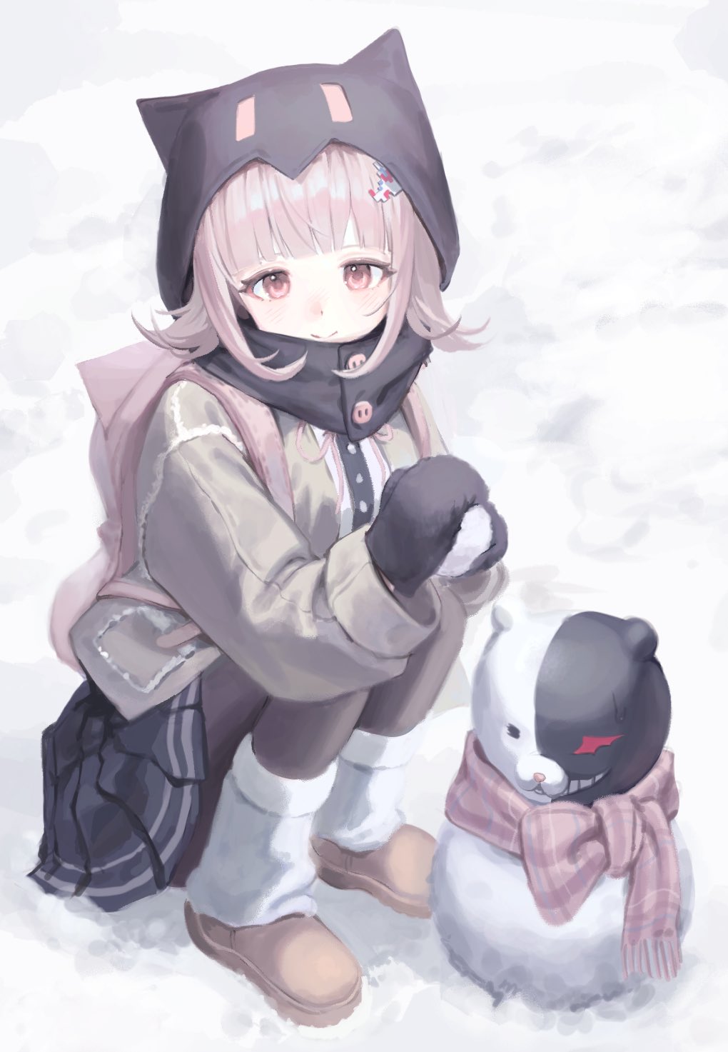 monokuma, nanami chiaki, danganronpa (series), danganronpa 2: goodbye despair, hashtag-only commentary, highres, 1girl, alternate costume, animal bag, black gloves, blush, brown hair, brown jacket, cat bag, flipped hair, gloves, grin, hair ornament, hood, jacket, kuma (id7dug), long sleeves, looking at viewer, medium hair, neck ribbon, open clothes, open jacket, pink eyes, pink ribbon, pleated skirt, ribbon, scarf, shirt, skirt, smile, snow, snowman, solo, white shirt