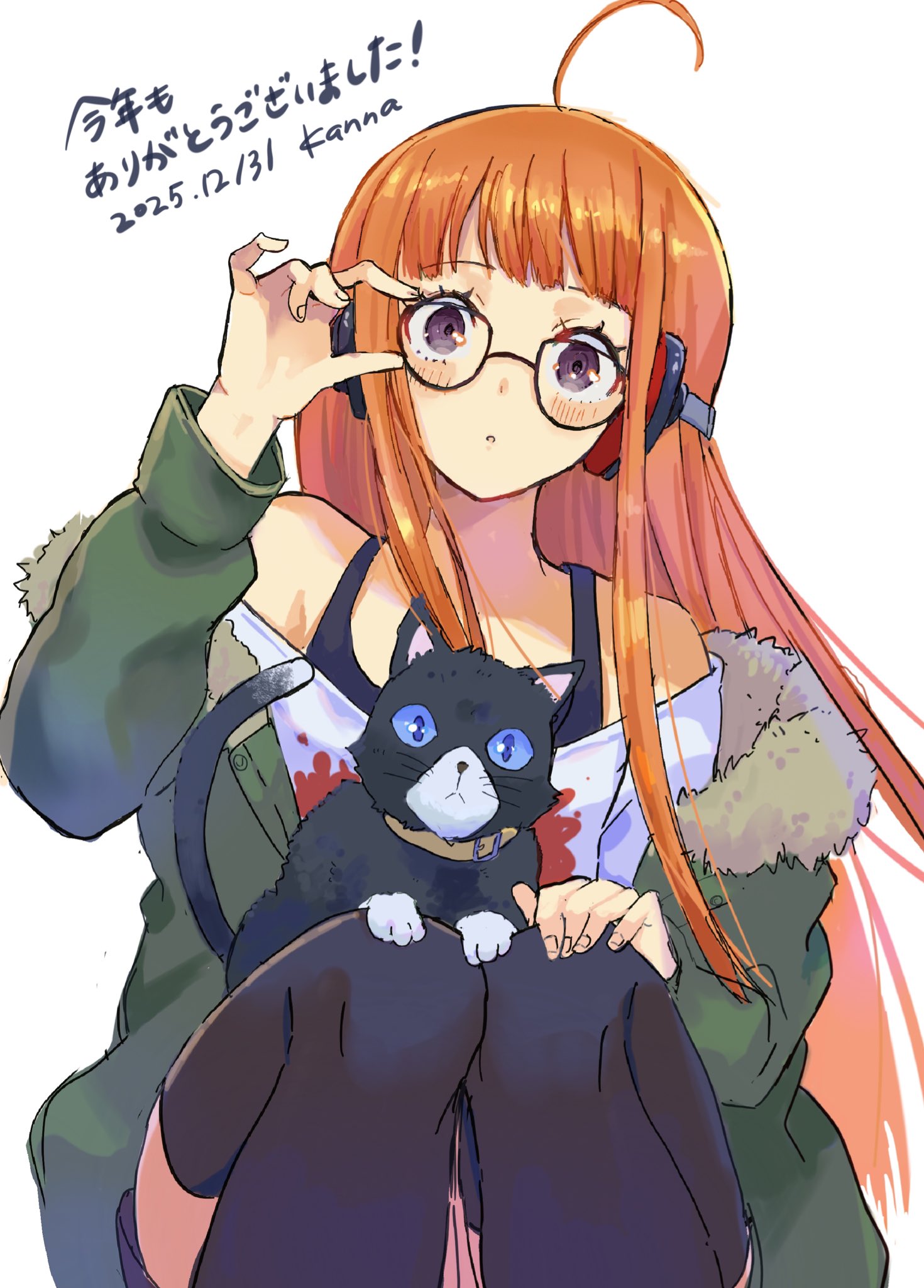 kanna nijiniji, tuxedo cat, morgana (cat) (persona 5), morgana (persona 5), sakura futaba, persona, persona 5, commentary request, highres, translation request, 1girl, :o, adjusting eyewear, ahoge, animal, animal on lap, artist name, bare shoulders, behind-the-head headphones, black-framed eyewear, black cat, black tank top, black thighhighs, blunt bangs, blush, cat, cat on lap, dated, feet out of frame, fingernails, fur-trimmed jacket, fur trim, glasses, green jacket, hand on eyewear, hand on own knee, hand up, headphones, jacket, jacket partially removed, knees up, long hair, long sleeves, looking at viewer, off-shoulder shirt, off shoulder, on lap, open clothes, open jacket, orange hair, parted lips, purple eyes, shirt, sidelocks, sitting, straight hair, tank top, thighhighs, white shirt