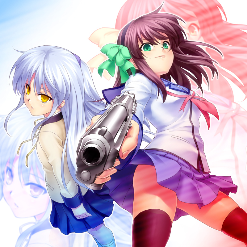 zen, nakamura yuri, tenshi (angel beats!), angel beats!, 10s, 2girls, aqua eyes, beretta 92, black thighhighs, blazer, blue hair, gun, hair ribbon, handgun, jacket, long hair, multiple girls, purple hair, ribbon, school uniform, serafuku, short hair, thighhighs, weapon, yellow eyes, zettai ryouiki