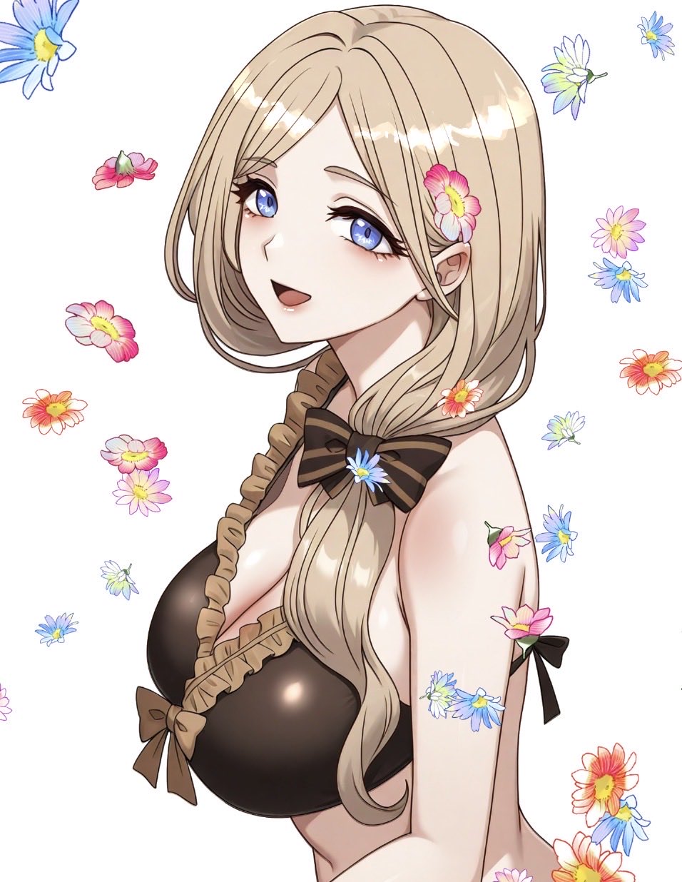 mercedes von martritz, mercedes von martritz (summer), fire emblem, fire emblem: three houses, fire emblem heroes, nintendo, commentary request, highres, 1girl, :d, bare arms, bare shoulders, bikini, black bow, blonde hair, blue eyes, bow, breasts, brown bikini, cleavage, floral background, from side, hair bow, hair over shoulder, large breasts, long hair, navel, official alternate costume, ootuk, open mouth, simple background, smile, solo, stomach, swimsuit, tongue, upper body