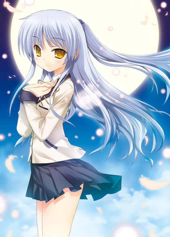 fujima takuya, tenshi (angel beats!), angel beats!, 10s, 1girl, blazer, blue hair, cowboy shot, feathers, female focus, full moon, half updo, jacket, long hair, moon, school uniform, solo, yellow eyes