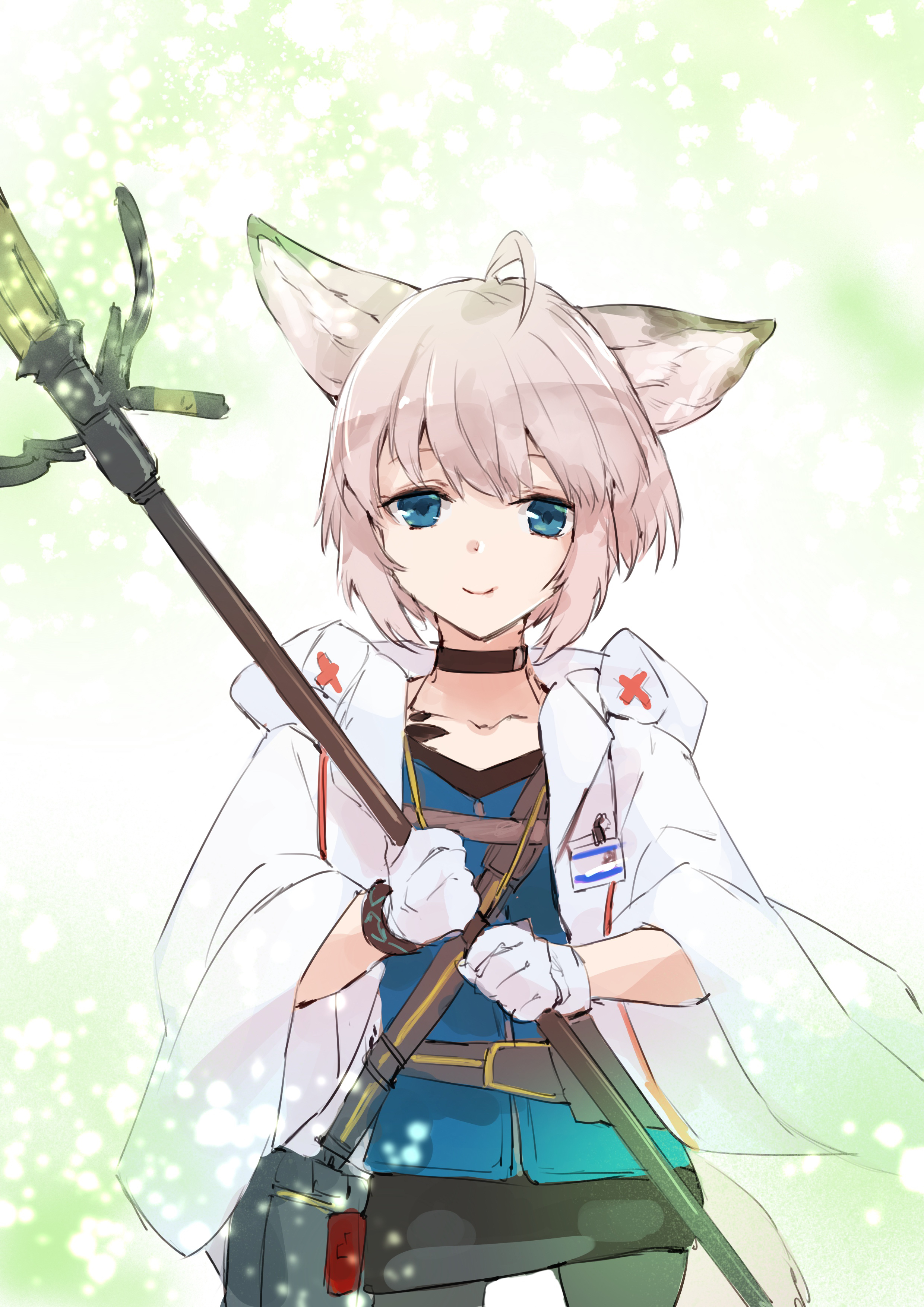 e-bushi, infection monitor (arknights), sussurro (arknights), arknights, absurdres, commentary request, highres, 1girl, ahoge, animal ear fluff, animal ears, bag, black choker, black pantyhose, black skirt, blue eyes, blue shirt, brown hair, choker, closed mouth, coat, collarbone, cowboy shot, cross, fox ears, fox girl, fox tail, gloves, green background, holding, holding staff, hood, hood down, id card, jacket, long sleeves, looking at viewer, material growth, open clothes, oripathy lesion (arknights), pantyhose, red cross, shirt, short hair, skirt, smile, solo, staff, tail, white coat, white gloves, white jacket
