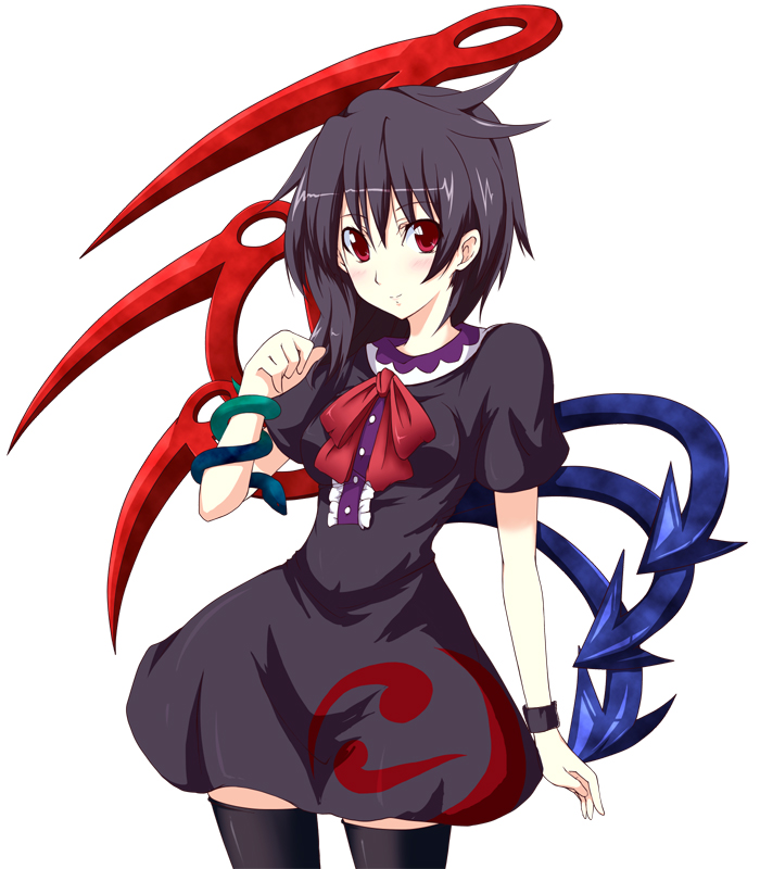 kakura yoshiki, houjuu nue, touhou, bad id, bad pixiv id, 1girl, black hair, female focus, ribbon, short hair, simple background, solo, standing, thighhighs, white background