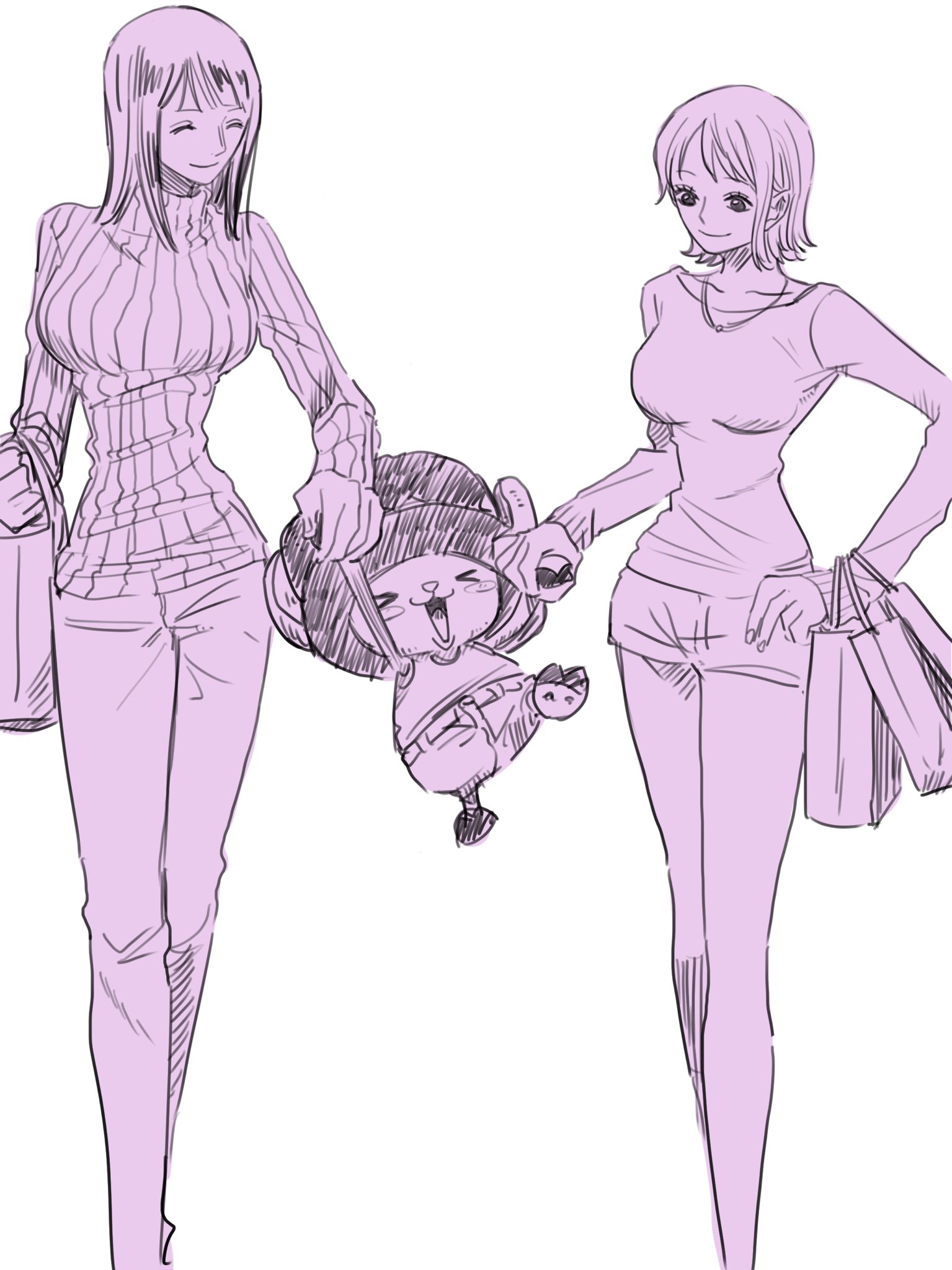 nami (one piece), nico robin, tony tony chopper, one piece, commentary request, highres, 1boy, 2girls, age difference, happy, multiple girls, size difference, smile