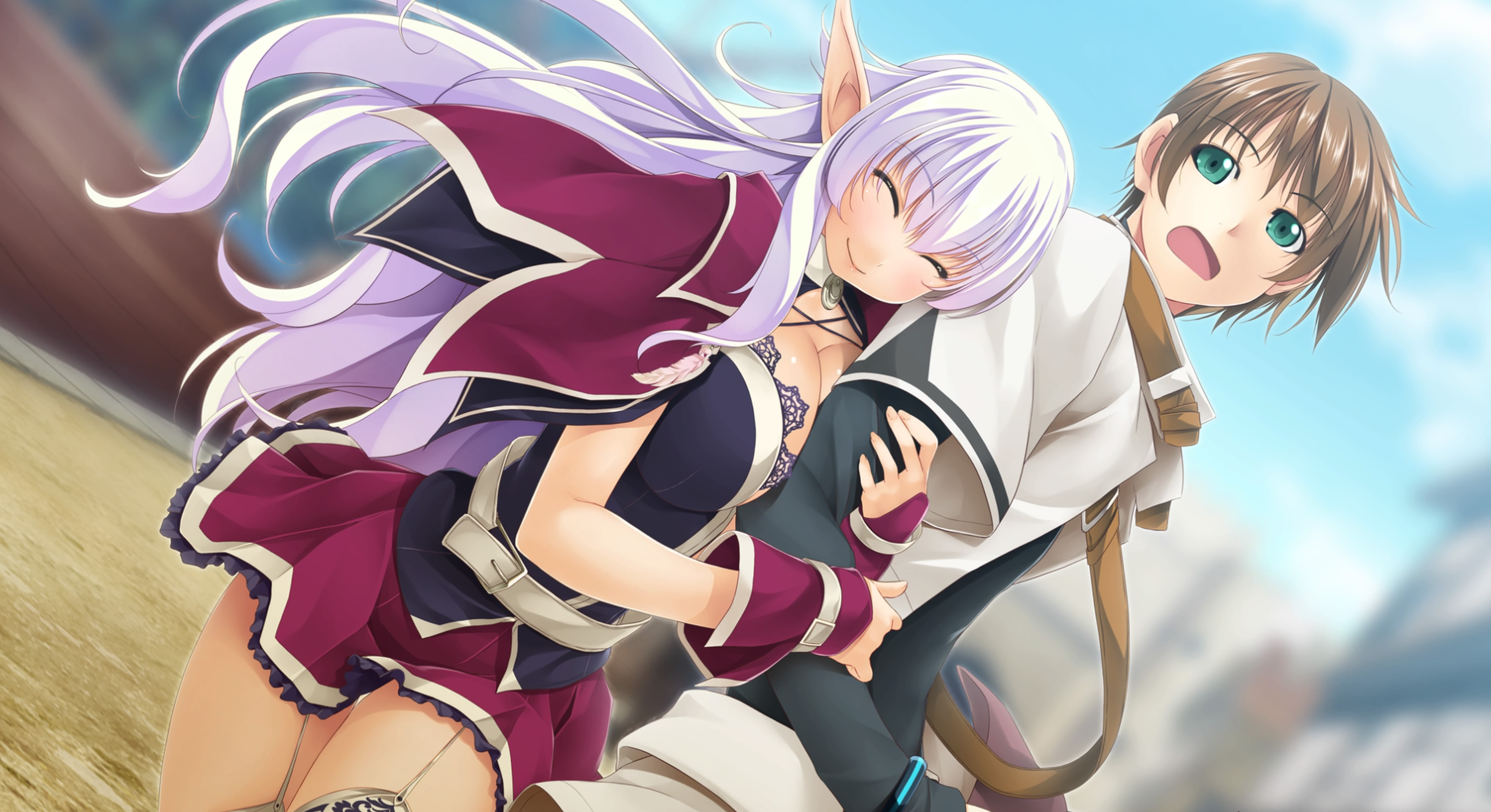 atelier-moo, alto travers, silvia milsteen, wizards symphony, absurdres, highres, non-web source, official art, variant set, 1boy, 1girl, ^ ^, belt, blurry, blurry background, breasts, brown hair, bustier, capelet, cleavage, closed eyes, closed mouth, cowboy shot, cropped jacket, crossed arms, elf, fingerless gloves, gloves, green eyes, hair between eyes, jacket, large breasts, lips, long hair, long pointy ears, long sleeves, long torso, miniskirt, narrow waist, open mouth, pleated skirt, pointy ears, purple hair, red capelet, red gloves, red skirt, short hair, skirt, smile, standing, surprised, thighhighs, thighs, town, very long hair, white belt, white jacket, wrist belt, zettai ryouiki