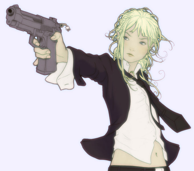 hy136, hello kitty, sanrio, bad deviantart id, bad id, 1girl, aiming, belt, beretta 92, blonde hair, blue eyes, cameo, charm (object), female focus, foreshortening, formal clothes, gun, handgun, midriff, necktie, outstretched arm, pistol, solo, suit, weapon