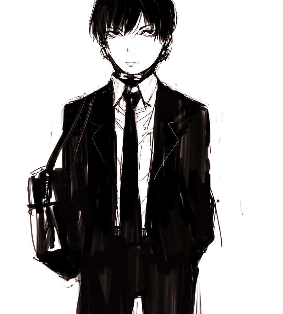 un-known (ninesix), nishi jouichirou, gantz, bad id, bad pixiv id, 00s, 1boy, arms at sides, bag, bell, collar, dress shirt, expressionless, greyscale, handbag, male focus, monochrome, neck bell, necktie, shaded face, shirt, simple background, solo, standing, white background