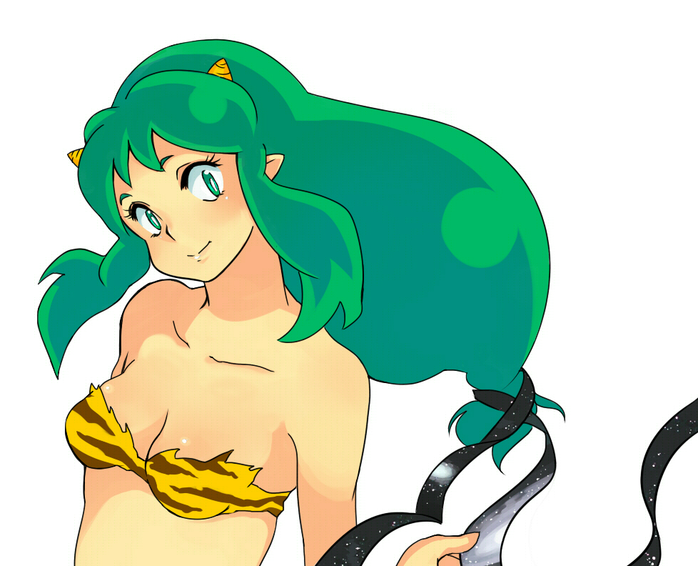 nekogasuki, lum, urusei yatsura, 1980s (style), bad id, bad pixiv id, 1girl, animal print, bikini, blue eyes, breasts, cleavage, eyeshadow, female focus, green hair, horns, long hair, makeup, medium breasts, oldschool, pointy ears, retro artstyle, solo, swimsuit, tiger print