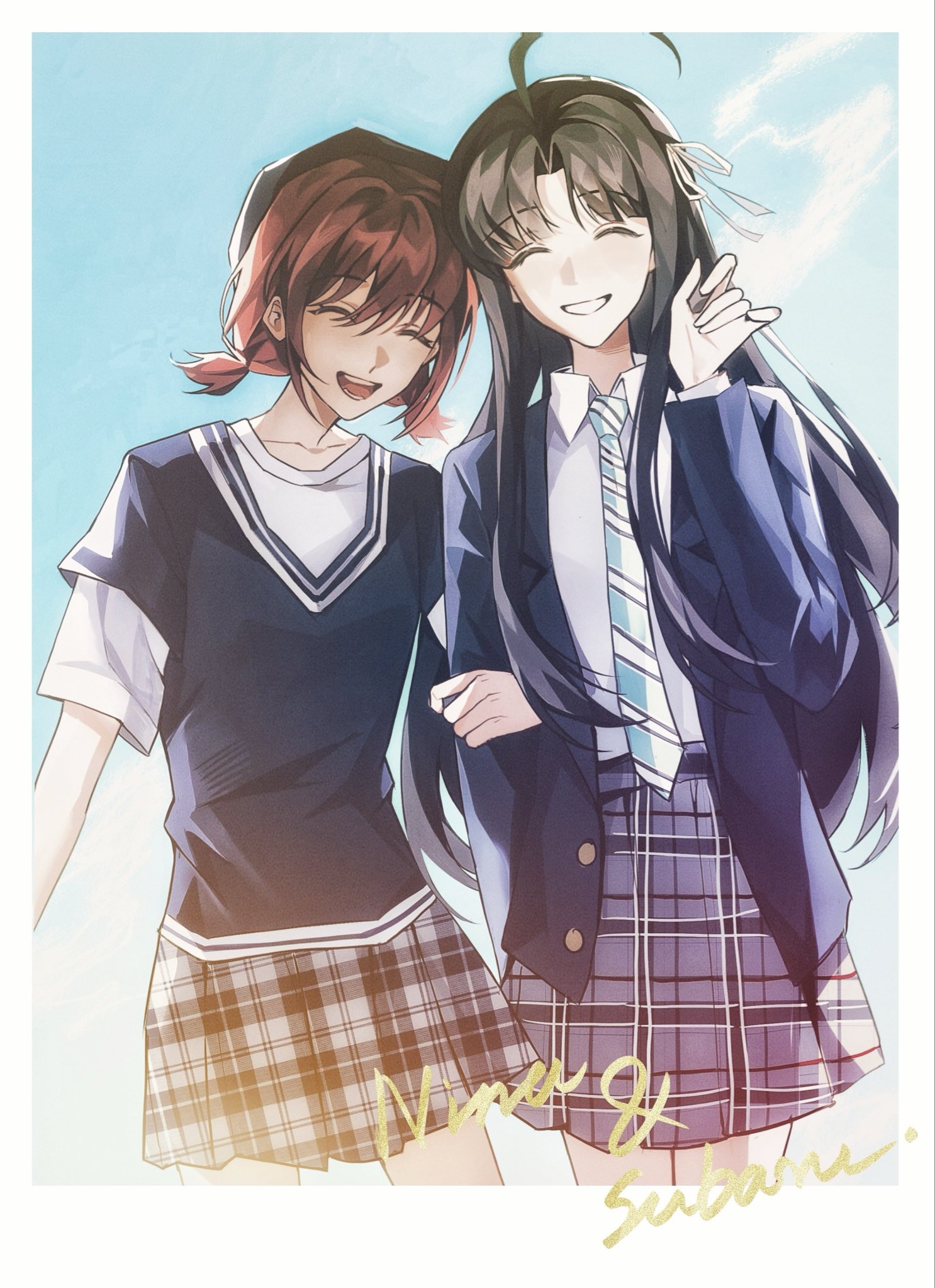 weiguang651, awa subaru, iseri nina, girls band cry, commentary, hashtag-only commentary, highres, 2girls, ahoge, black hair, blue jacket, blue necktie, blue sweater vest, border, brown hair, character name, closed eyes, diagonal-striped clothes, diagonal-striped necktie, grey skirt, hair ribbon, hand up, jacket, long hair, multiple girls, necktie, open clothes, open jacket, open mouth, parted bangs, plaid clothes, plaid skirt, pleated skirt, ribbon, school uniform, shirt, short hair, short twintails, skirt, striped clothes, sweater vest, teeth, twintails, white border, white ribbon, white shirt