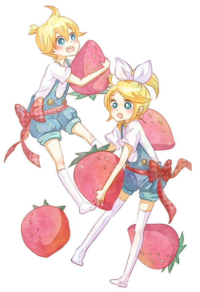 poco24, kagamine len, kagamine rin, vocaloid, bad id, bad pixiv id, 1boy, 1girl, blonde hair, blue eyes, brother and sister, food, fruit, holding, holding food, holding fruit, overalls, short hair, siblings, strawberry, thighhighs, twins