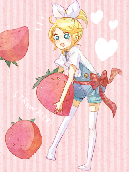 poco24, kagamine rin, vocaloid, bad id, bad pixiv id, 1girl, blonde hair, blue eyes, female focus, food, fruit, holding, holding food, holding fruit, overalls, short hair, solo, strawberry, thighhighs