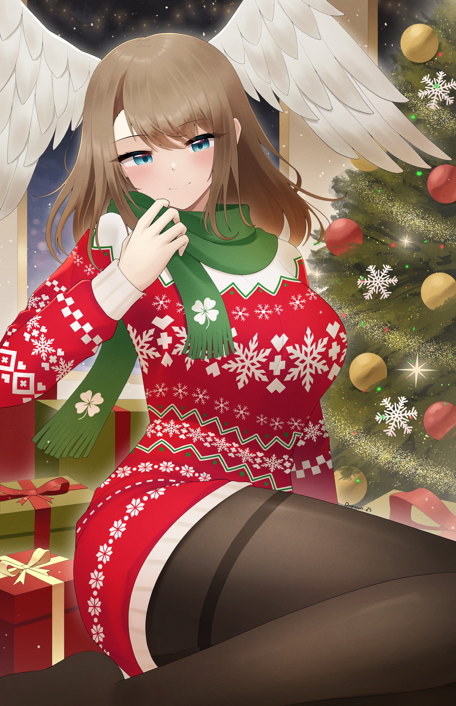 doiparuni, eunie (xenoblade), xenoblade chronicles (series), xenoblade chronicles 3, commentary, english commentary, highres, 1girl, aqua eyes, artist name, blush, breasts, brown hair, brown pantyhose, christmas, christmas ornaments, christmas present, christmas sweater, christmas tree, clover, feathered wings, four-leaf clover, gift, green scarf, half-closed eyes, hand up, head wings, indoors, large breasts, long hair, long sleeves, looking at viewer, night, outline, pantyhose, red sweater, scarf, signature, sitting, smile, snowing, solo, sparkle, straight hair, sweater, swept bangs, two-tone sweater, watermark, white outline, white sweater, white wings, wings, yokozuwari