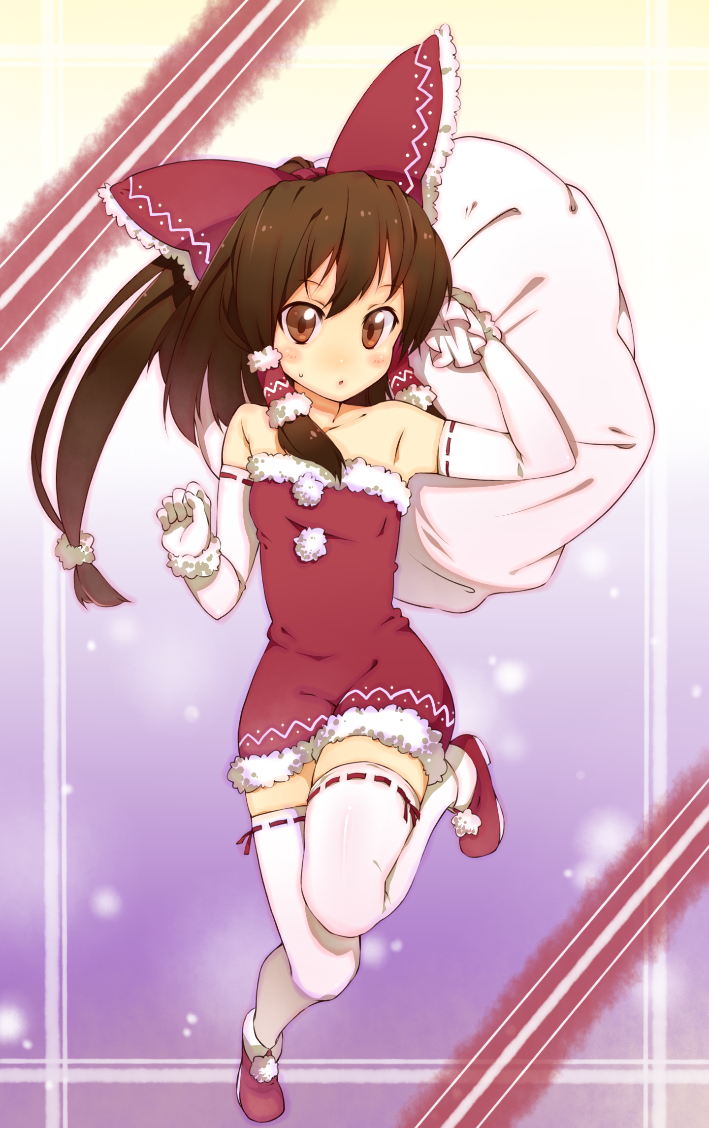 kazuma (kazumav), hakurei reimu, touhou, highres, 1girl, bow, brown eyes, brown hair, christmas, detached sleeves, female focus, full body, hair bow, half updo, japanese clothes, miko, ponytail, short hair, solo, thighhighs, white thighhighs