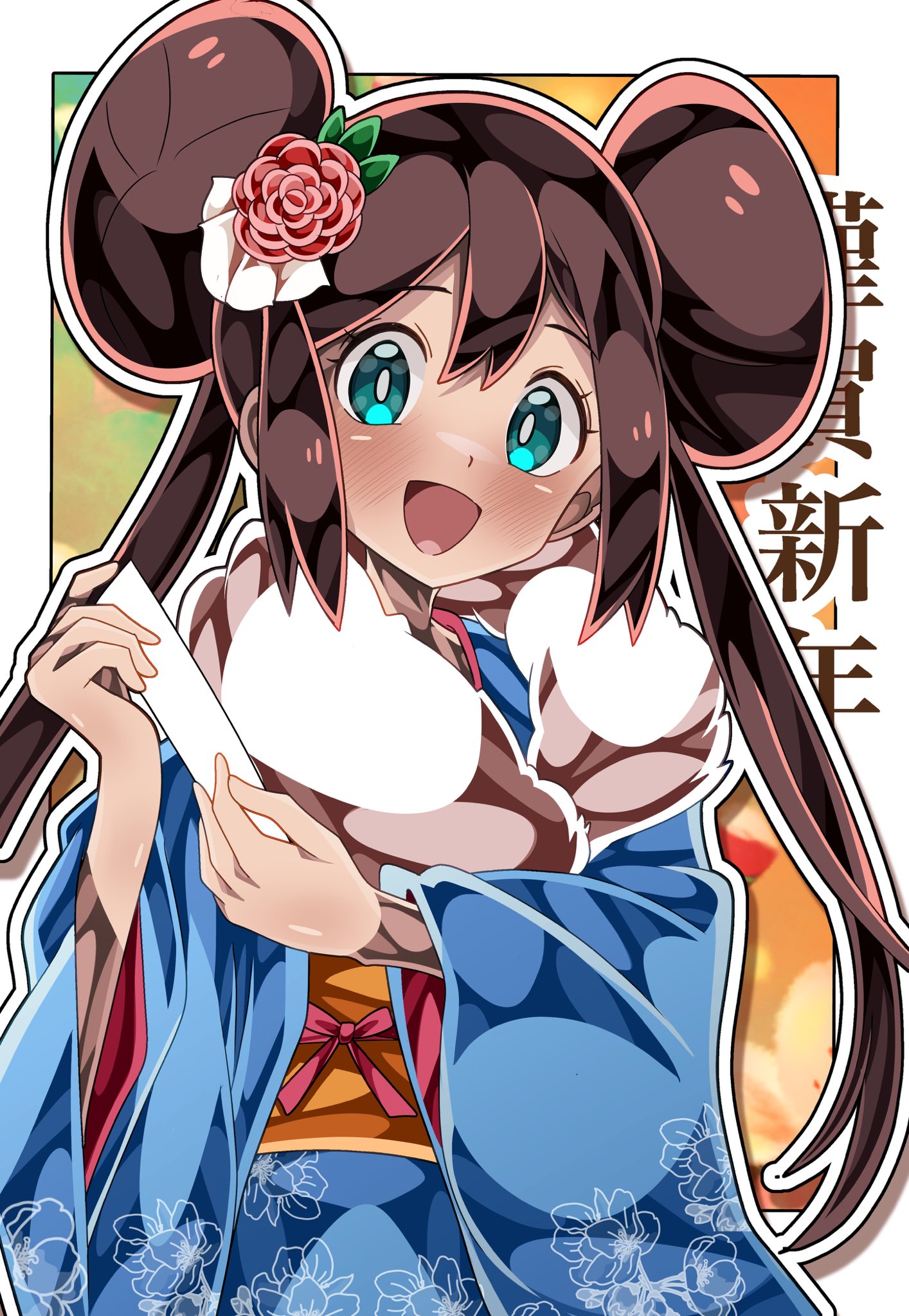 shiki (kisikisi1007), rosa (pokemon), nintendo, pokemon, pokemon bw2, commentary request, highres, 1girl, blue eyes, blue kimono, blush, border, brown hair, cowboy shot, donut hair bun, double bun, hair bun, holding, japanese clothes, kimono, long hair, new year, open mouth, smile, solo, twintails, white border
