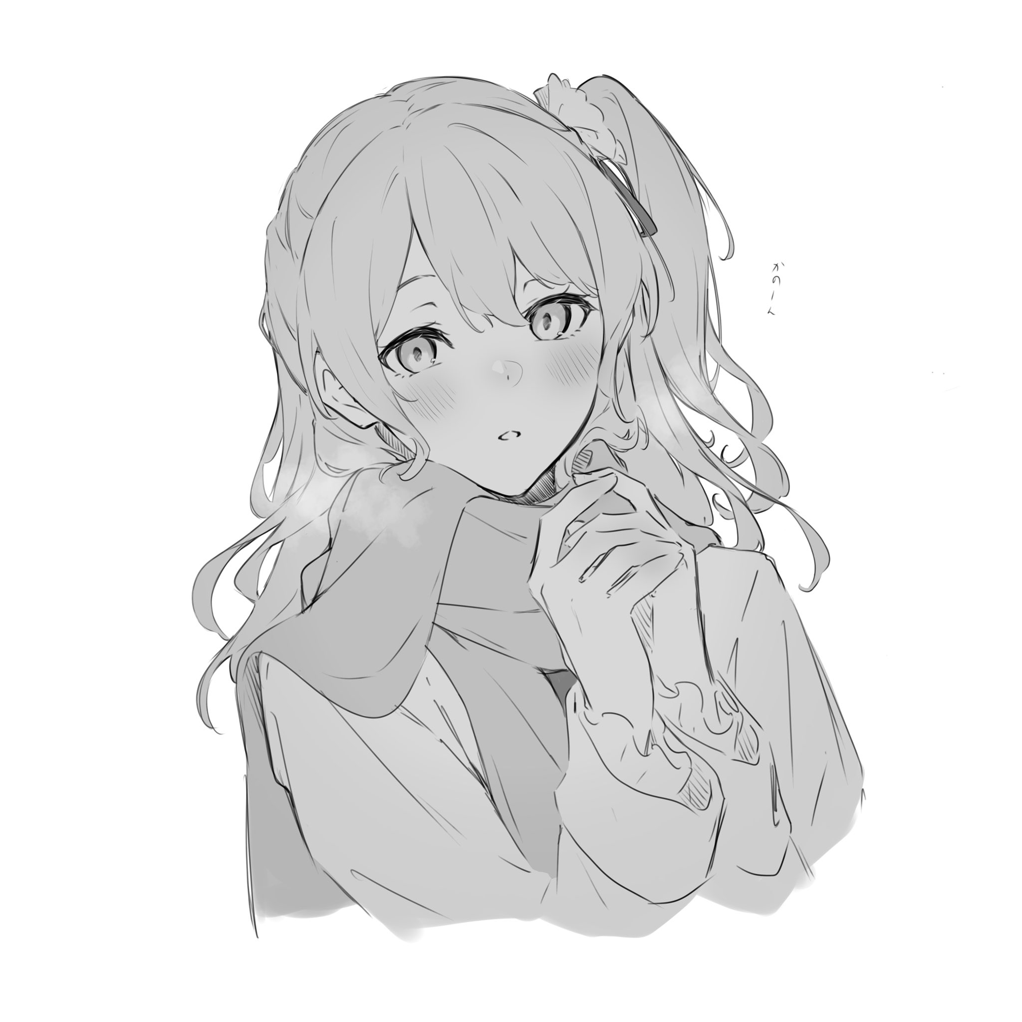 kanade (kanade 3344), matsubara kanon, bang dream!, highres, translated, 1girl, blush, greyscale, hands up, long hair, long sleeves, monochrome, one eye closed, open mouth, scarf, simple background, solo, white background, winter clothes