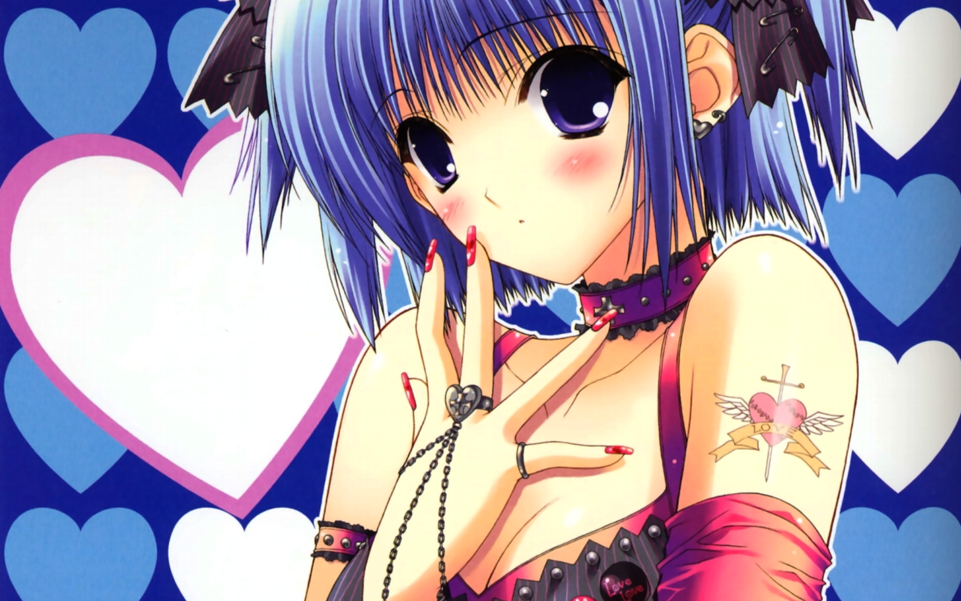 suzuhira hiro, character request, highres, 1girl, arm garter, blue hair, blush, choker, detached sleeves, earrings, female focus, fingernails, hair ribbon, jewelry, nail art, nail polish, pink nails, purple eyes, ribbon, ring, short hair, solo, tattoo