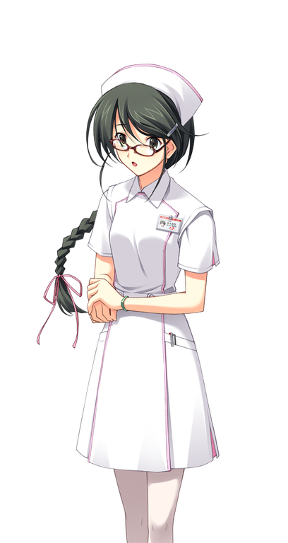 matsuo yukihiro, chaos;head, science adventure, shiny eyes, game cg, non-web source, official art, 1girl, bracelet, braid, closed mouth, collared dress, dress, glasses, green eyes, green hair, hair ornament, hair ribbon, hairclip, hat, hazuki shino (chaos;head), holding own wrist, id card, jewelry, long braid, long hair, looking at viewer, no eyewear, nurse, nurse cap, open mouth, pantyhose, pink ribbon, pink trim, red-framed eyewear, ribbon, short sleeves, solo, sprite, standing, surprised, tongue, transparent background, white dress, white pantyhose, wide-eyed