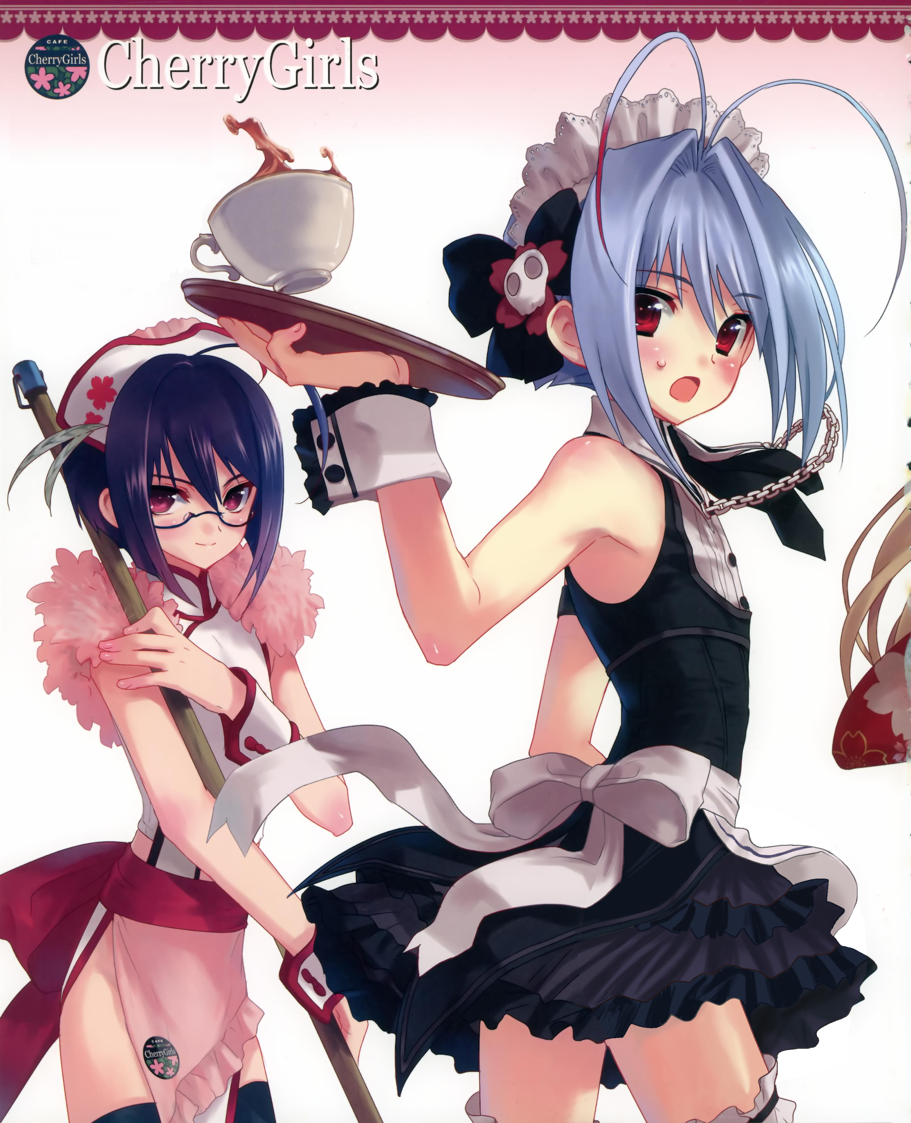 kasukabe akira, tomo (otosuki), yuki (otosuki), otoko no ko wa meido fuku ga osuki!?, absurdres, highres, 2boys, androgynous, apron, armpits, blue hair, blush, broom, crossdressing, crossdressing (mtf), cup, glasses, male focus, multiple boys, open mouth, purple eyes, purple hair, red eyes, short hair, tea, teacup, trap, tray