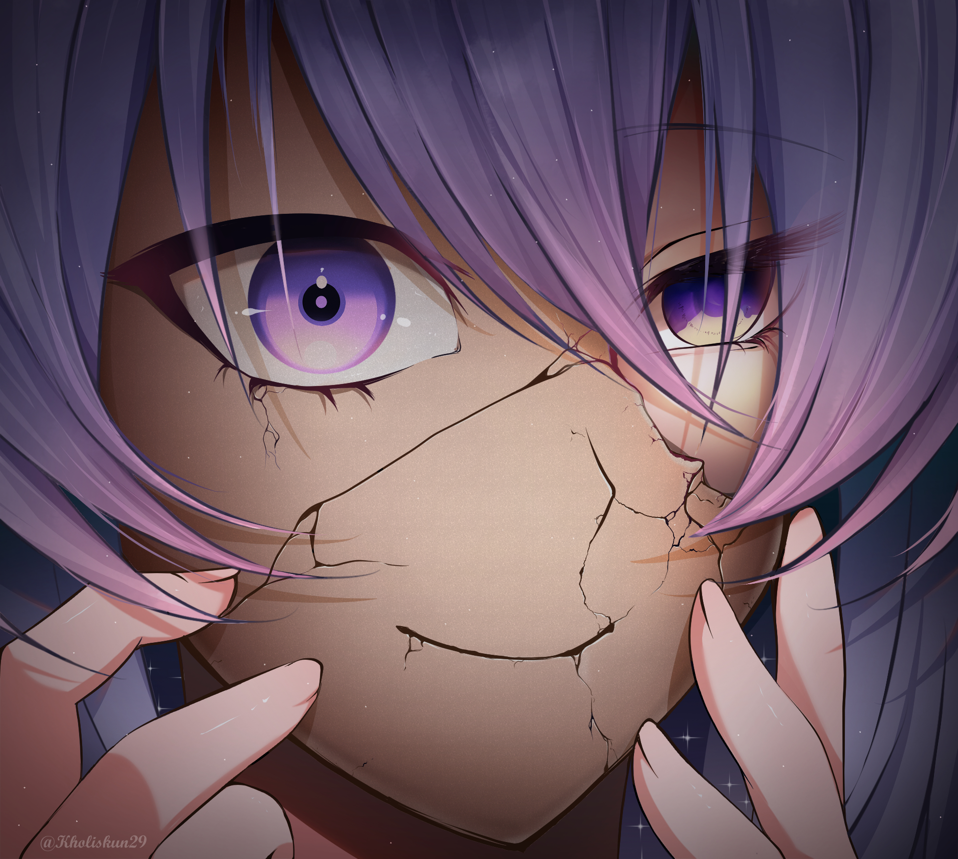 horisu (kholiskun), moona hoshinova, hololive, hololive indonesia, commentary, highres, symbol-only commentary, 1girl, broken mask, close-up, cracked kawaii mask, eyelashes, mask, purple eyes, purple hair, smile, solo, torn mask, virtual youtuber