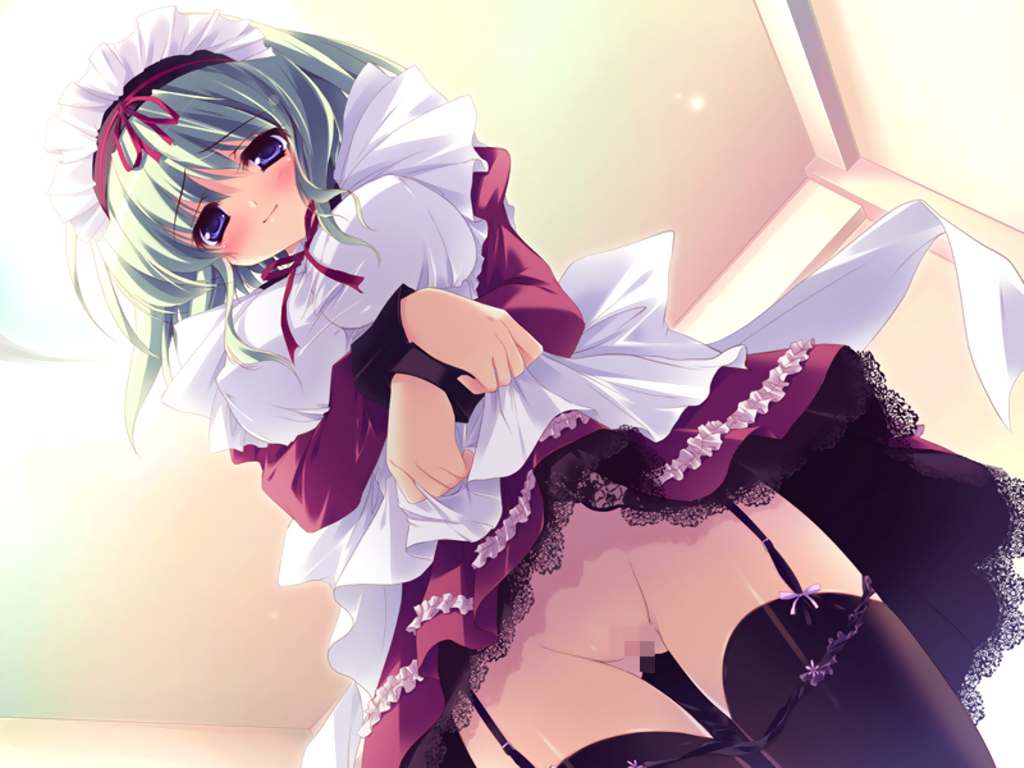 izumi tsubasu, angelina nanatsu sewell, mashiroiro symphony, 1girl, apron, black thighhighs, blue eyes, blush, breasts, censored, clothes lift, dress, dress lift, female focus, frills, garter straps, green hair, large breasts, lifting own clothes, maid, maid apron, maid headdress, no panties, panties, purple eyes, pussy, short hair, skirt, skirt lift, smile, solo, thighhighs, underwear