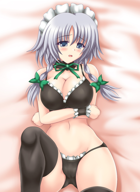 nagimasa, izayoi sakuya, touhou, silver hair, bad id, bad pixiv id, 1girl, black panties, black thighhighs, bra, collar, detached collar, female focus, lingerie, panties, ribbon, short hair, solo, thighhighs, underwear, underwear only
